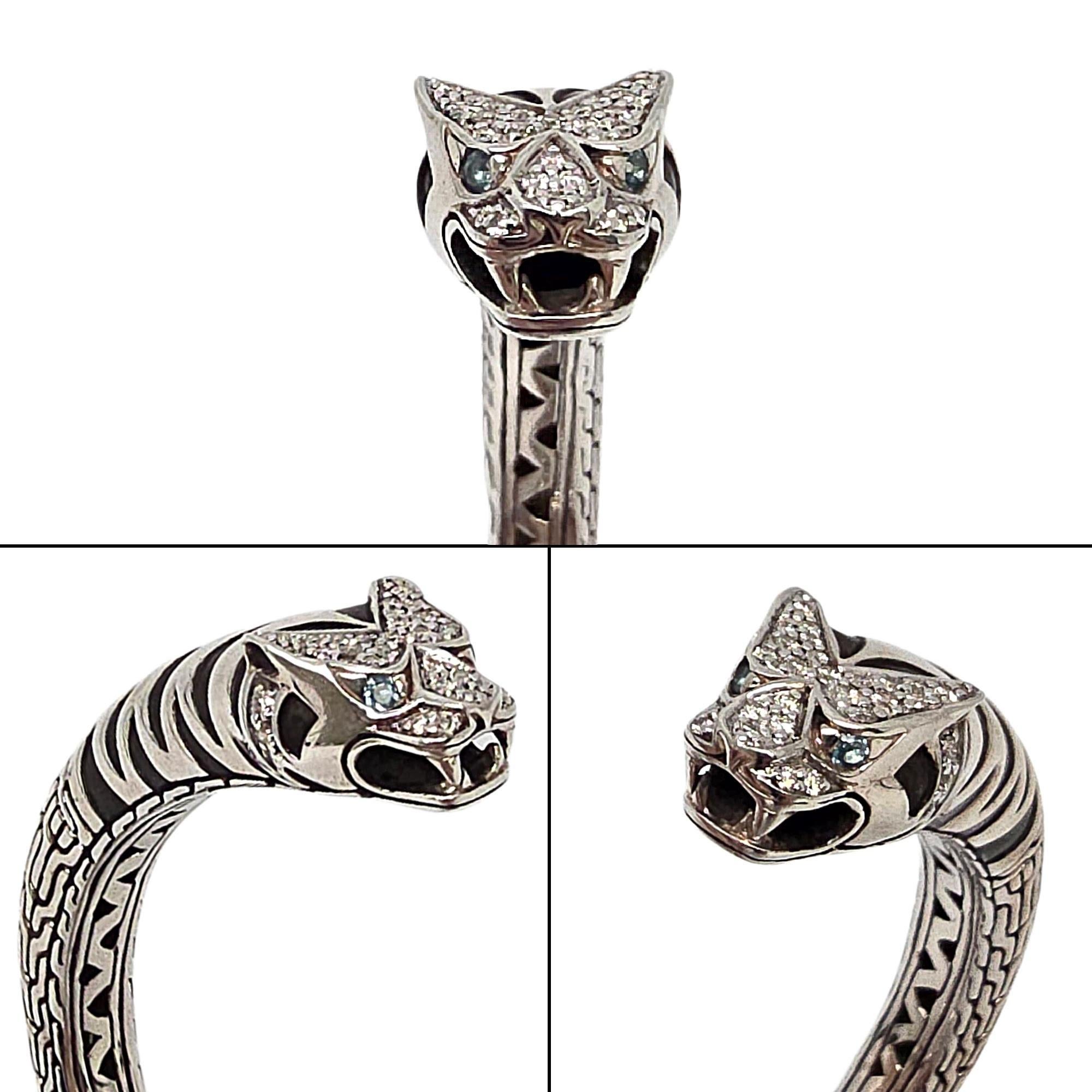 John Hardy Sterling Silver Diamond Legends Macon Tiger Bangle Bracelet #22213 For Sale 2