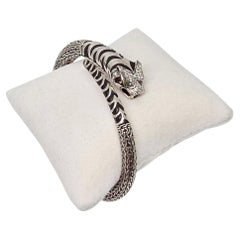 John Hardy Sterling Silver Diamond Legends Macon Tiger Bangle Bracelet #22213