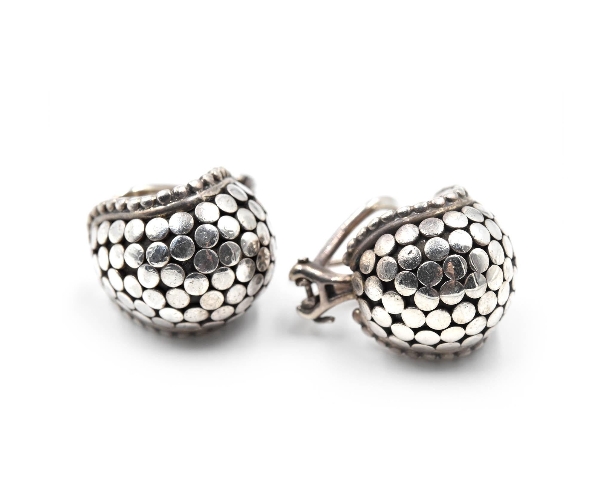 Designer: John Hardy
Material: sterling silver
Dimensions: each earring is 1/2-inch long and 1/2-inch wide
Fastenings: omega backs
Weight: 16.54 grams
Retail: $595.00
