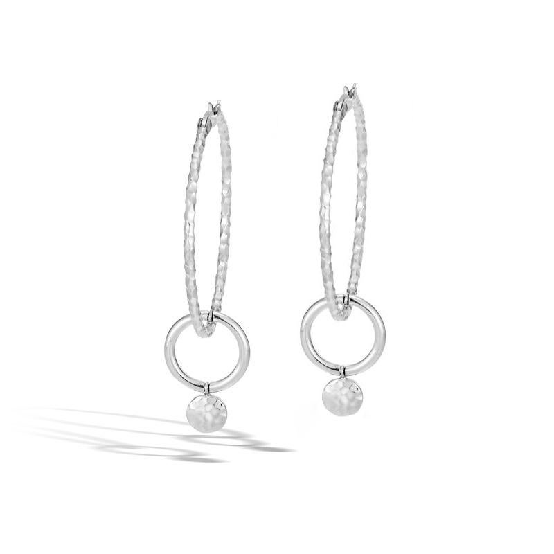 Sterling silver hammered interlink hoop drop earrings from the Dot collection. 35mm diameter. Hinged post.