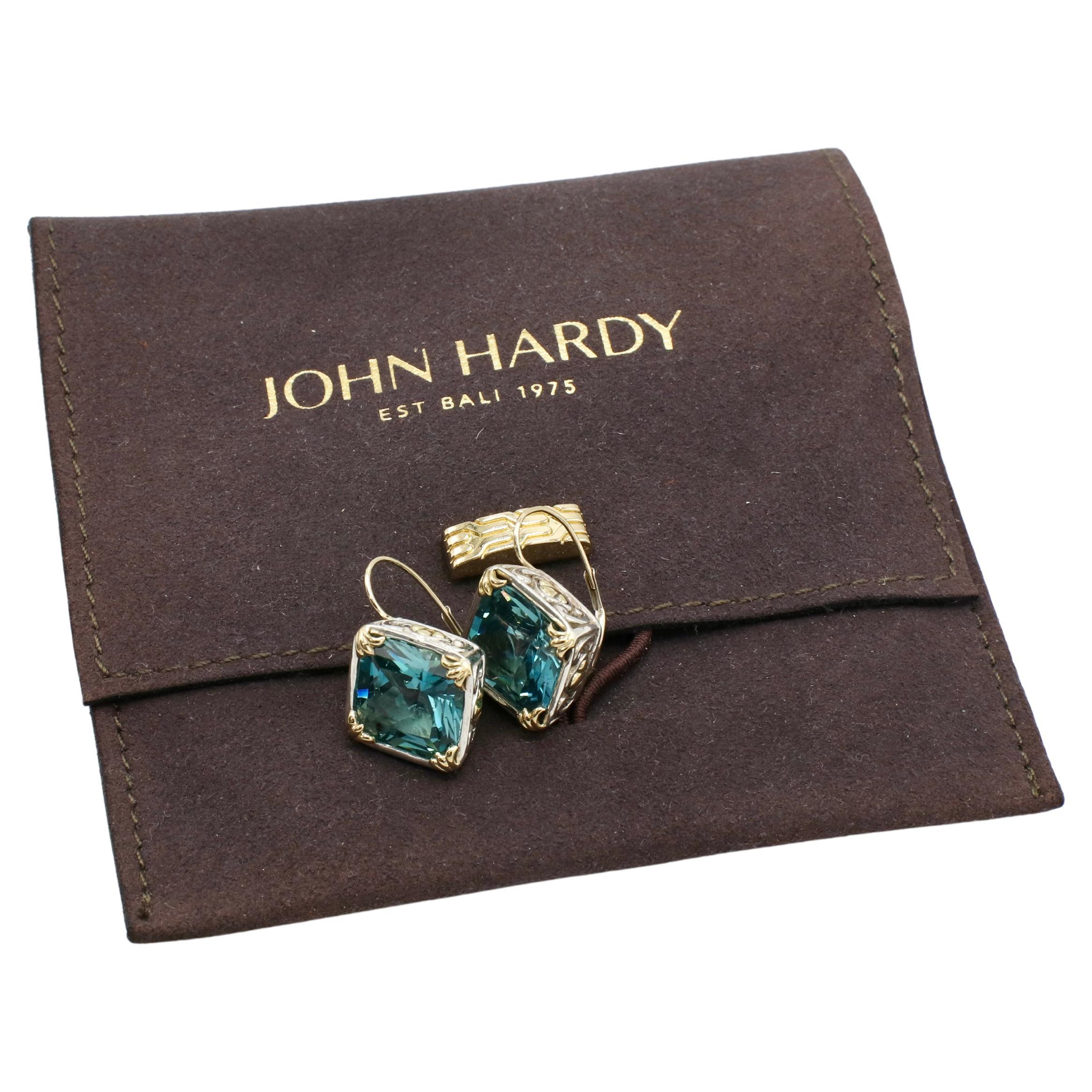 John Hardy Sterling Silver & Gold Blue Topaz Dangle Drop Earrings 
Metal: Sterling silver & 18k yellow gold
Weight: 11.47 grams
Length: 21mm
Topaz: 12mm
