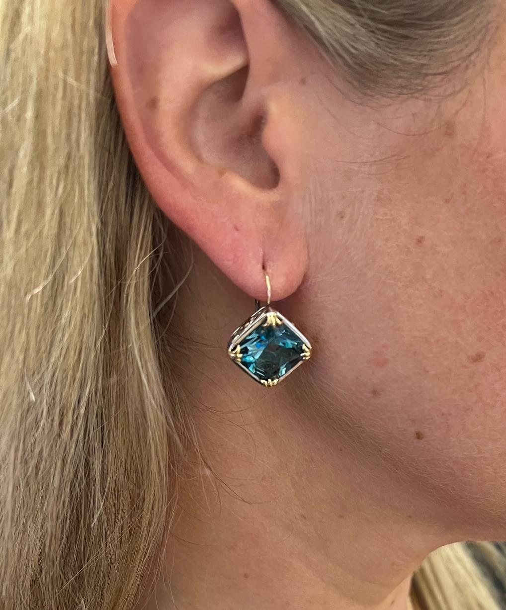 Square Cut John Hardy Sterling Silver & Gold Blue Topaz Dangle Drop Earrings
