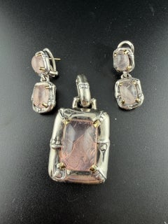 John Hardy Sterling Silver & Gold Pendant & Earring Set /Rose Quartz