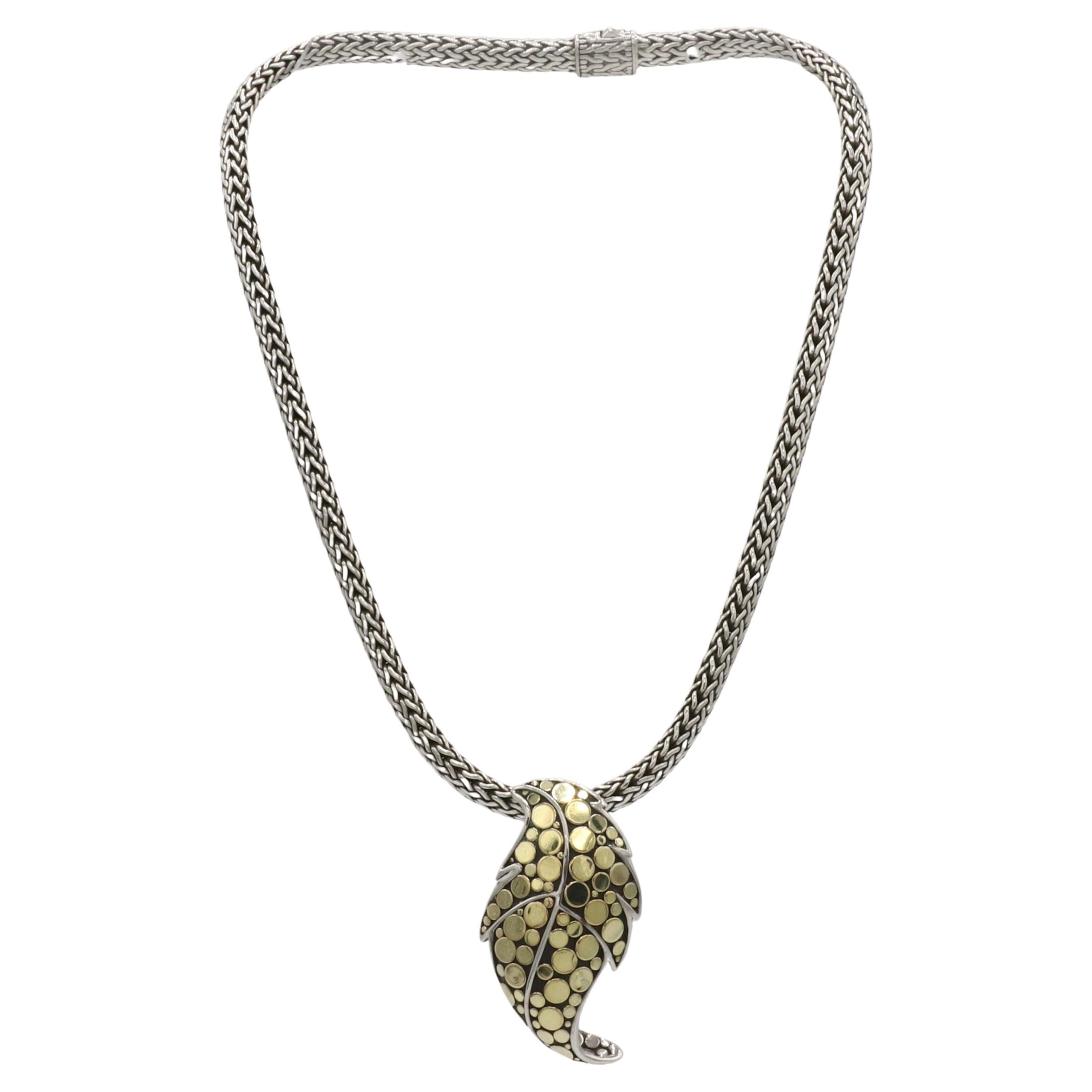 John Hardy Sterling Silver 
Gold Woven Necklace With Dot Leaf Slide Pendant For Sale