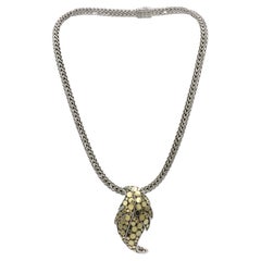 John Hardy Sterling Silver 
Gold Woven Necklace With Dot Leaf Slide Pendant