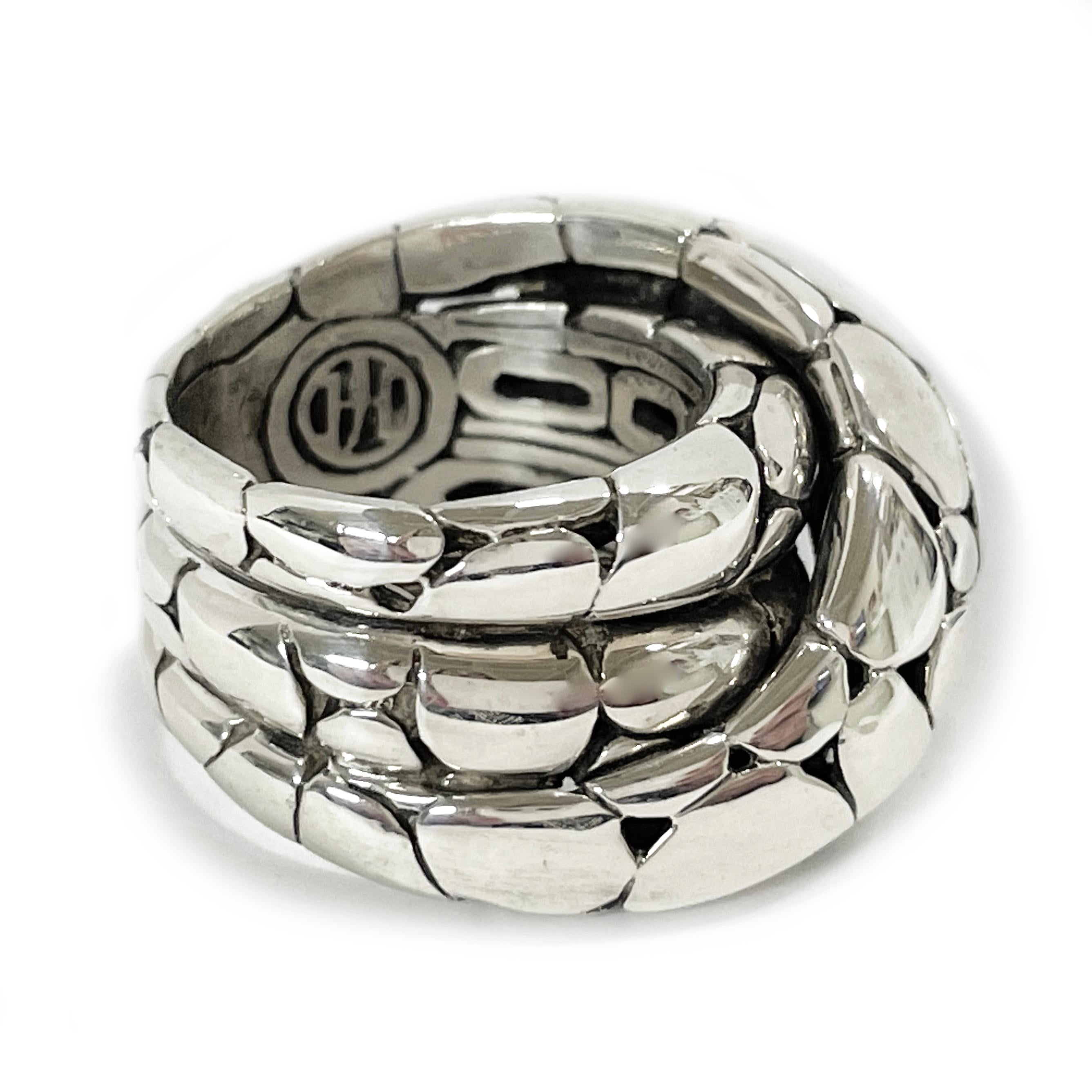 John Hardy Sterling Silver Kali Twist Ring. A lovely wide band ring from Hardy's Kali Collection. The ring consists of overlapping twisting coils and ranges in size from 9-13mm wide. Stamped on the inside of the band is the JH logo and 925. The ring