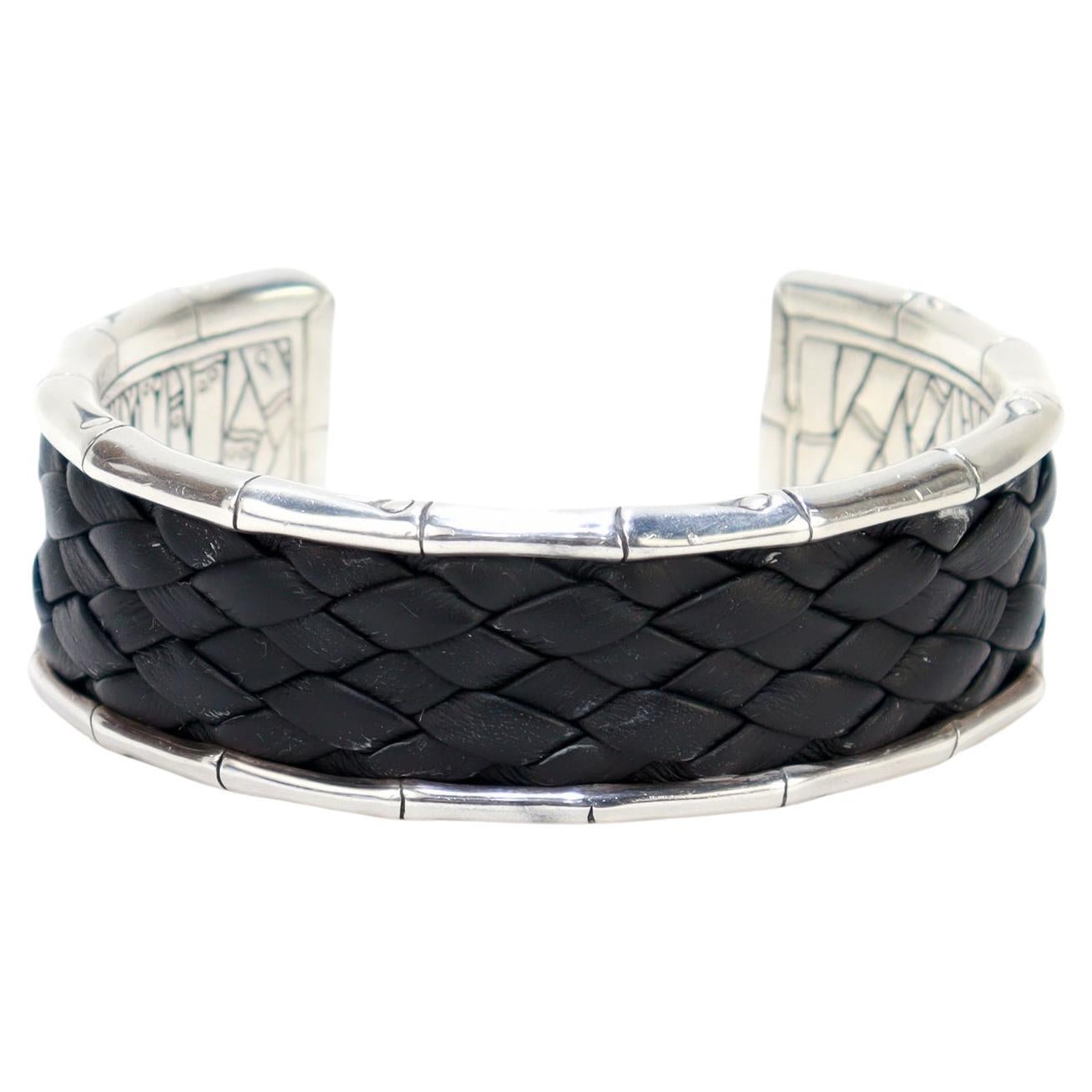 Pulsera de bambú de plata de ley y cuero John Hardy