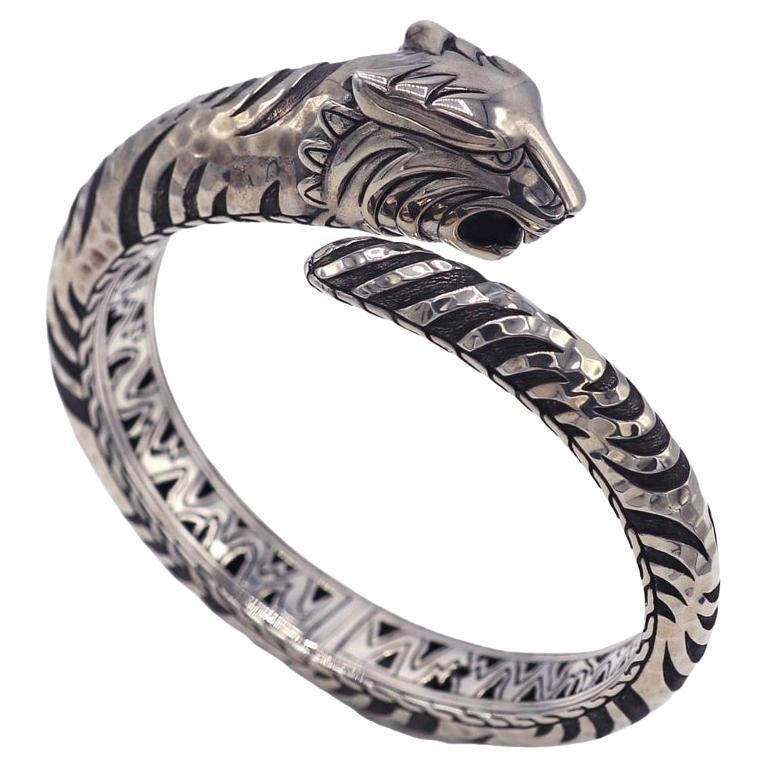 John Hardy Sterling Silver Legends Tiger Head Hinged Bangle Bracelet  For Sale