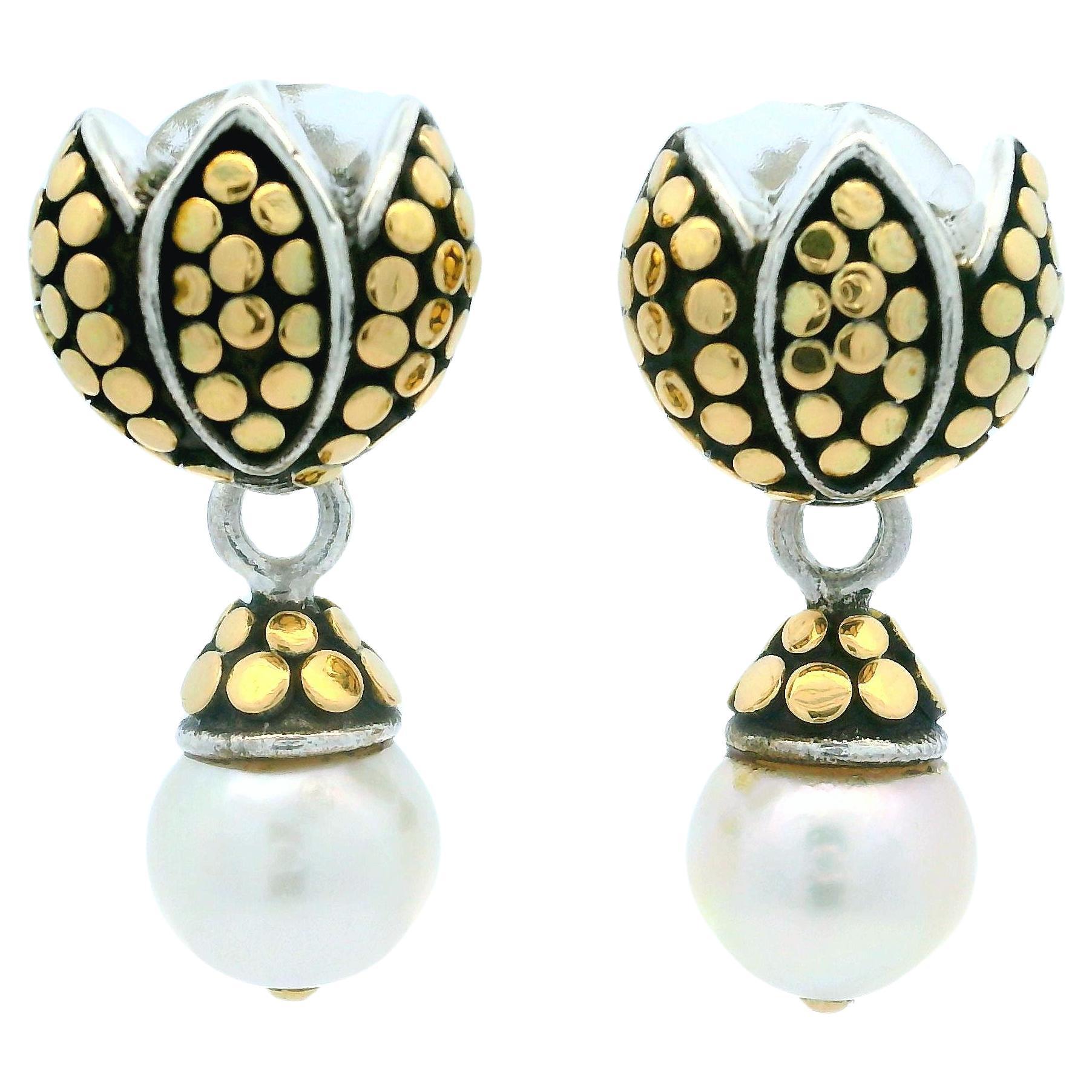 John Hardy Tulip Dot Sterling Silver 18k Yellow Gold Pearl Dangle Drop Earrings