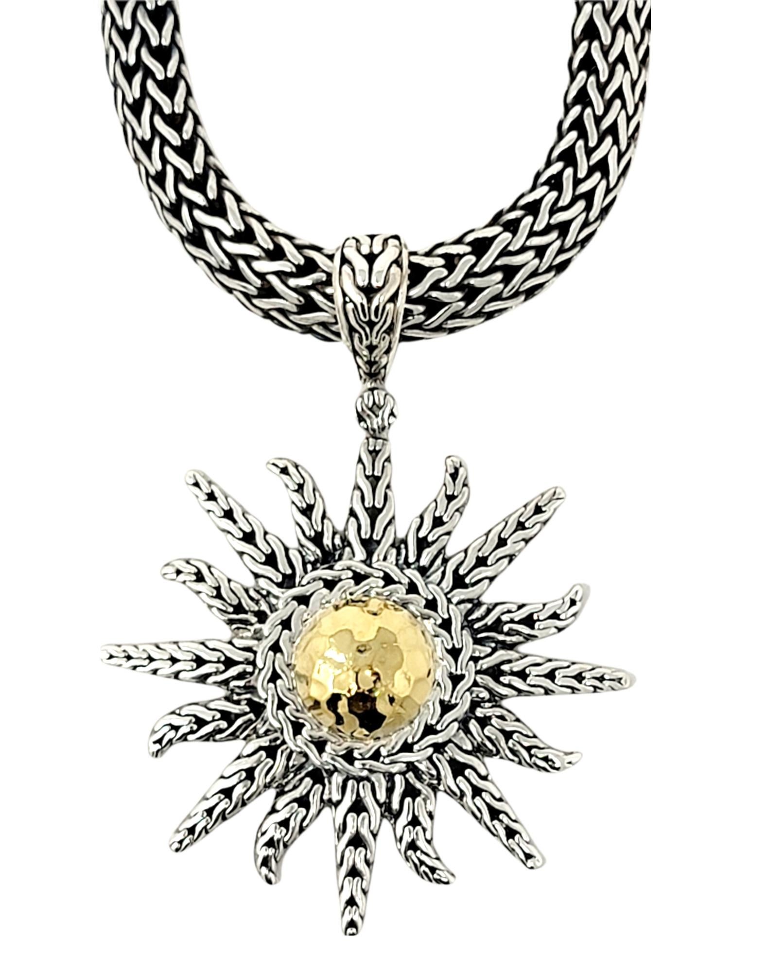 John Hardy Two-Tone Hammered Sun Pendant Necklace in Sterling and 22 Karat Gold In Good Condition In Scottsdale, AZ