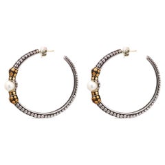 John Hardy White Pearl Big Hoop Earrings 925 Sterling Silver 18K Yellow Gold