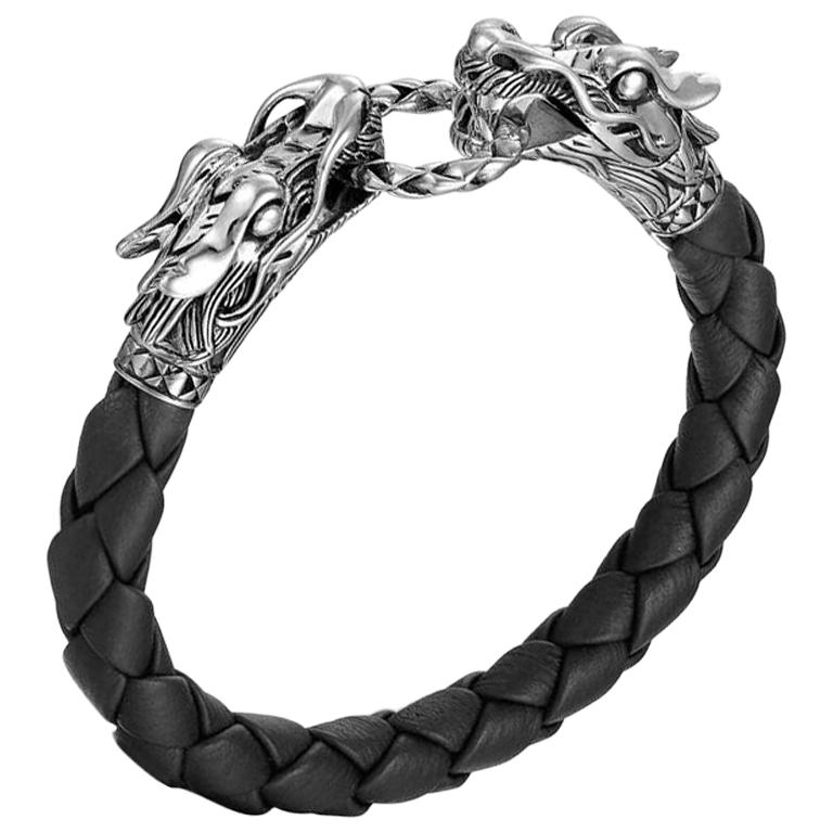 John Hardy Women's Silver Dragon Bracelet on Black Leather, BB65089BLXM