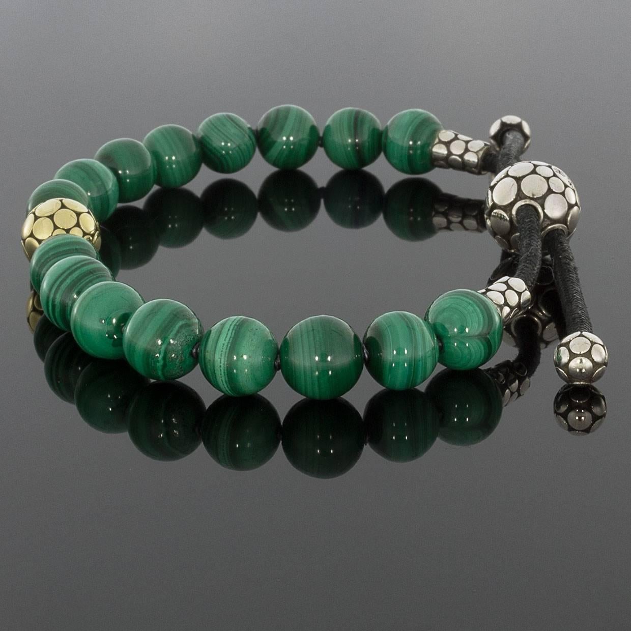 John Hardy Yellow Gold Dot Bead Malachite Cord Bracelet In Excellent Condition In Columbia, MO