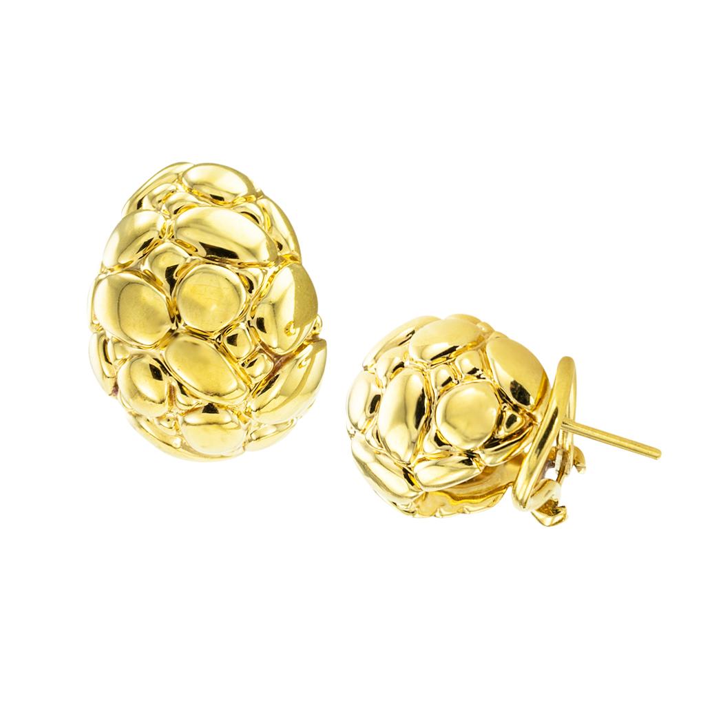 John Hardy textured yellow gold semi-hoop earrings. *

ABOUT THIS ITEM:  #E-DJ816A. Scroll down for detailed specifications.  The texture on these earrings resembles random drops of water pooled on their surface. That results in a fabulous play