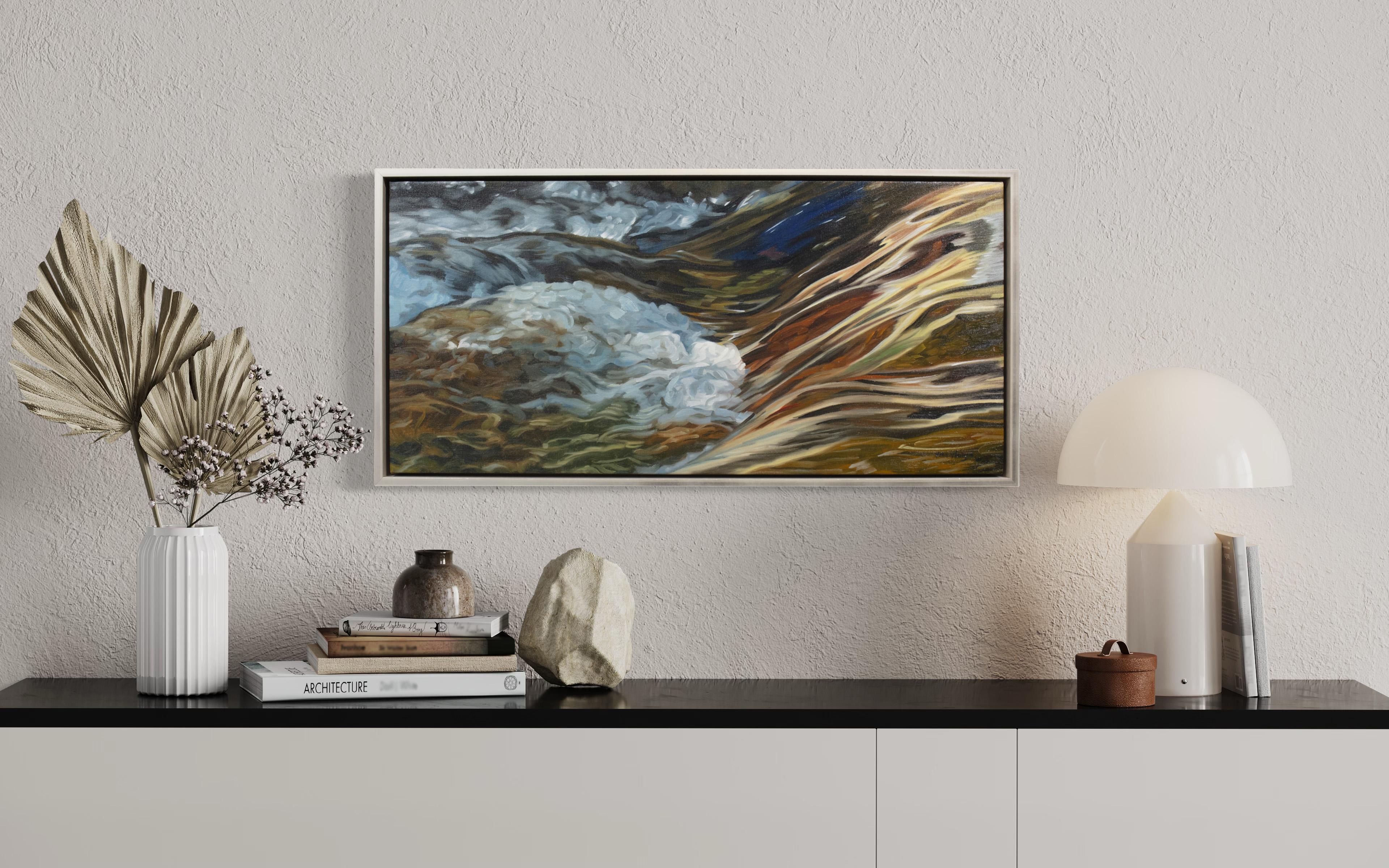 This lightly abstracted oil painting by John Harris features a deep, earth-toned palette with light cool blue accents. It captures a close-up view of river water rushing over rocks on a riverbed. It is made with oil paint on on gallery wrapped linen