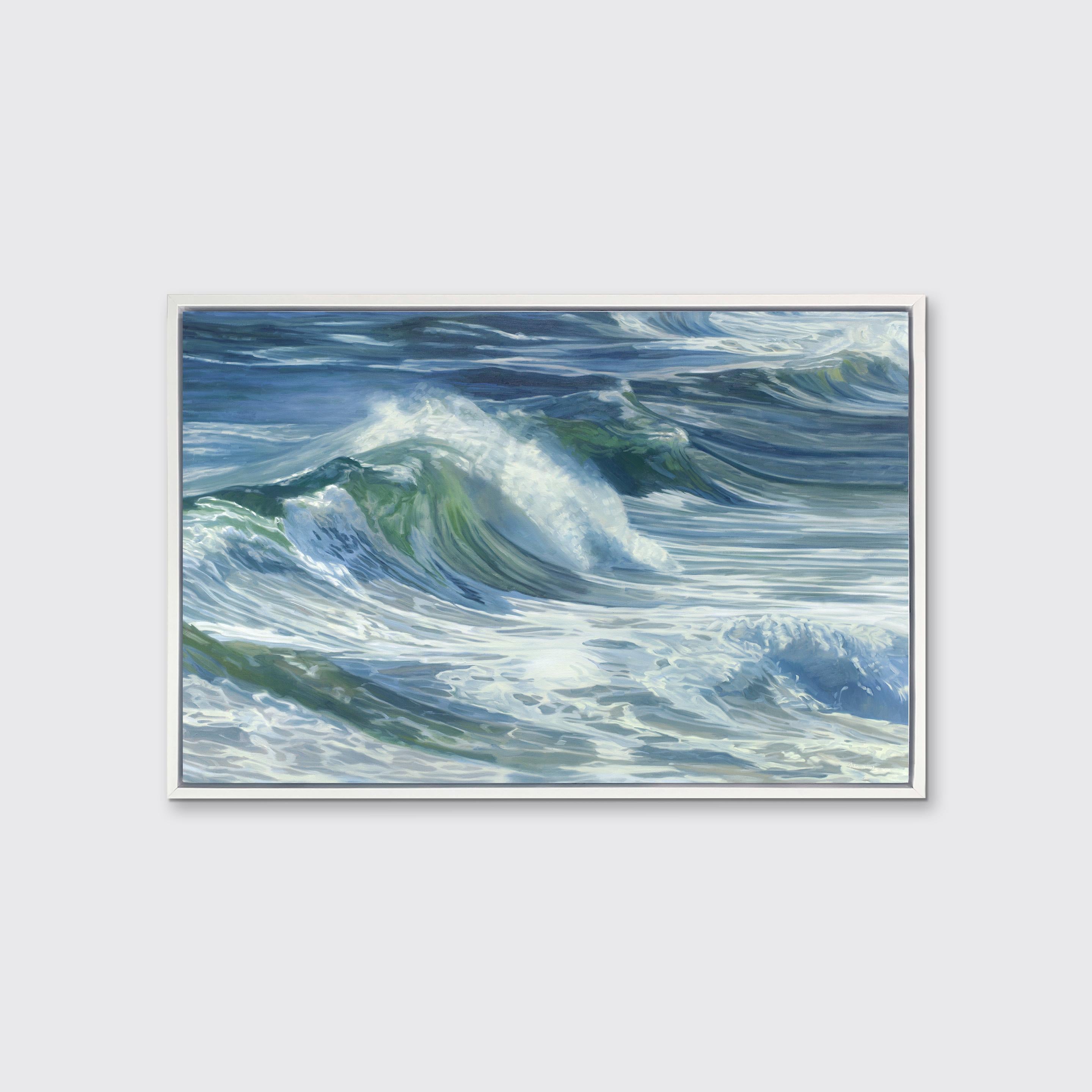This coastal seascape limited edition print captures a cropped view of rolling ocean waves. Highly detailed and realistic, it balances the deep blues and sea greens of the ocean with the light white foam and mist created by lightly crashing waves. 