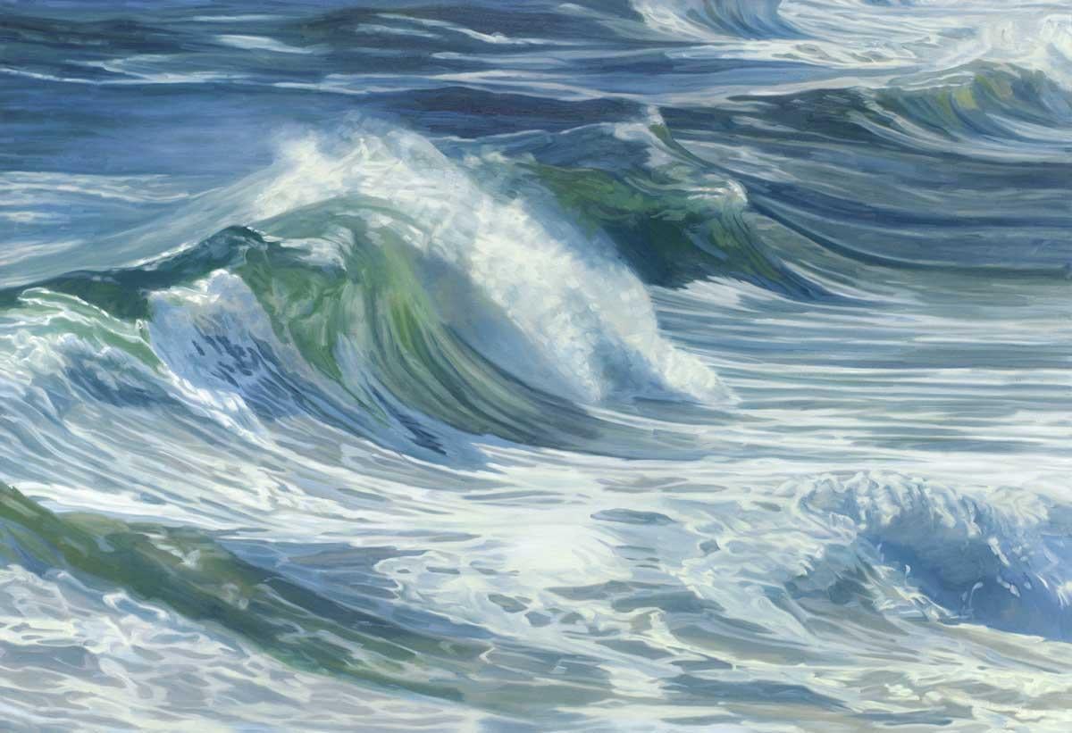 This coastal seascape limited edition print captures a cropped view of rolling ocean waves. Highly detailed and realistic, it balances the deep blues and sea greens of the ocean with the light white foam and mist created by lightly crashing waves. 