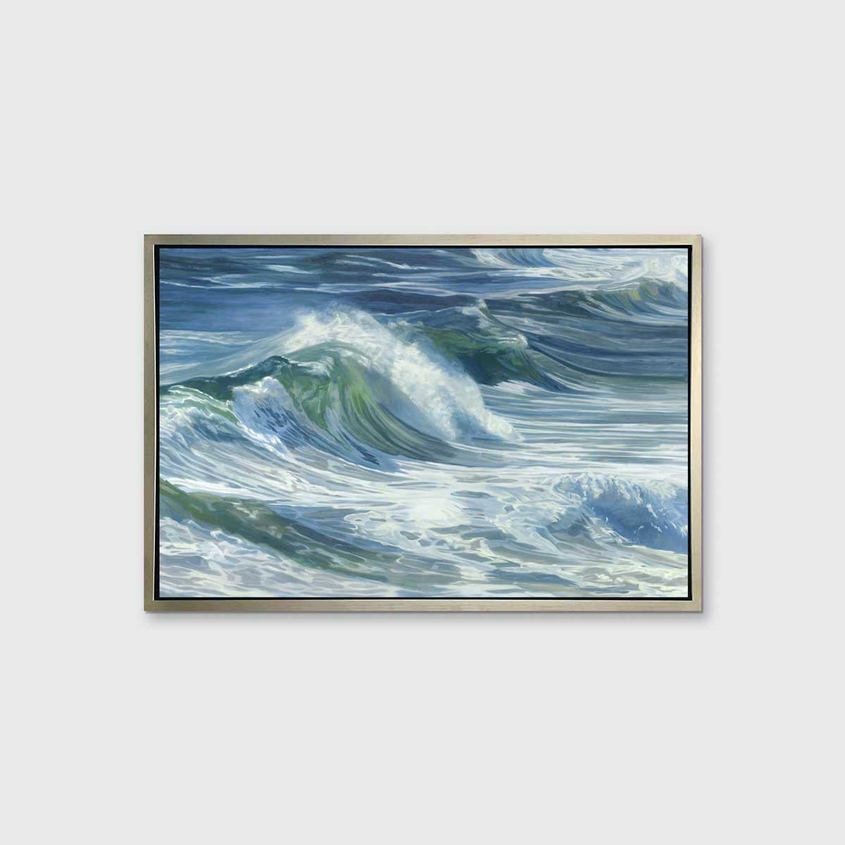 This coastal seascape limited edition print captures a cropped view of rolling ocean waves. Highly detailed and realistic, it balances the deep blues and sea greens of the ocean with the light white foam and mist created by lightly crashing waves. 