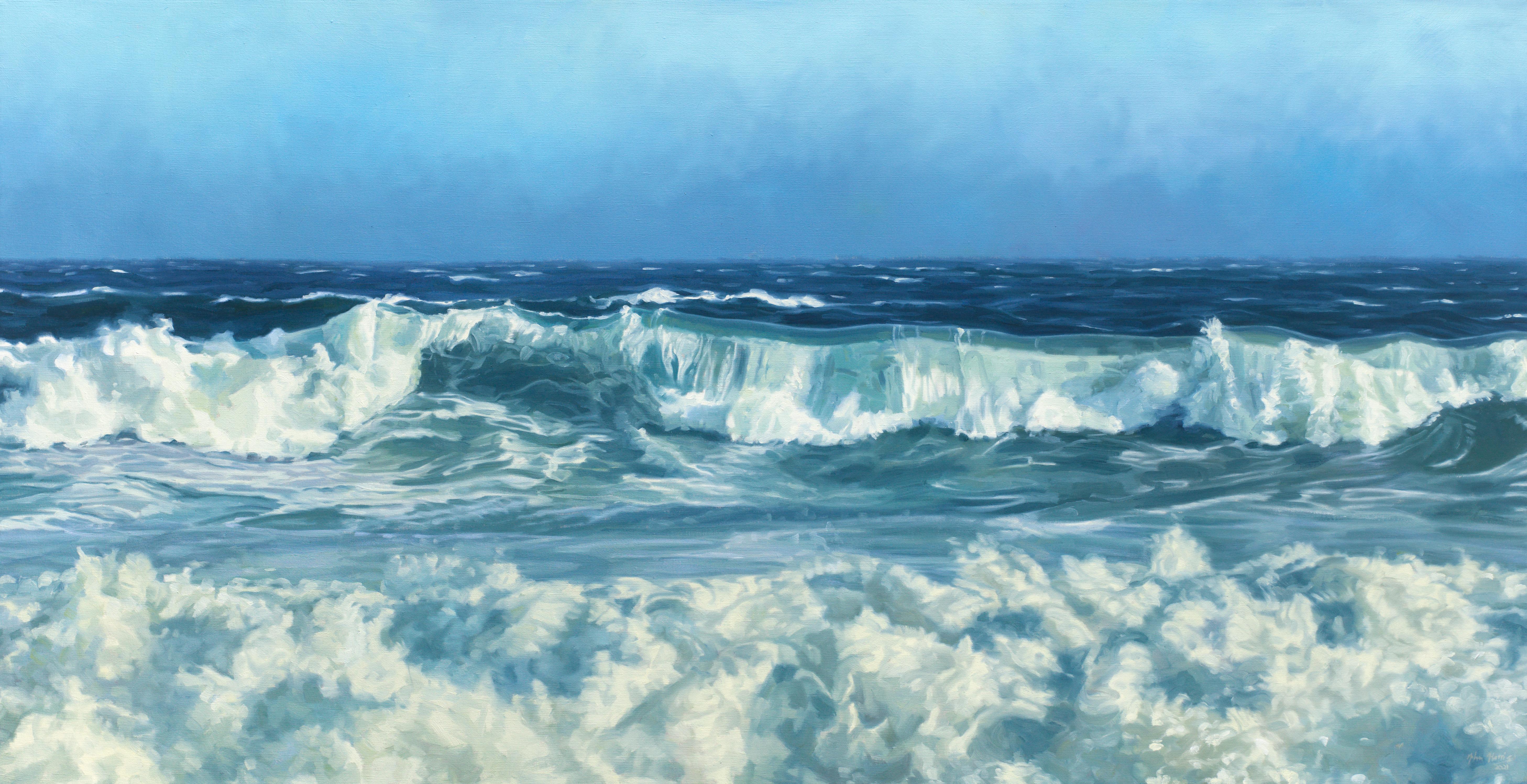 This coastal seascape limited edition print captures a cropped view of rolling waves below an ocean horizon line and a clear blue sky. Highly detailed and realistic, it balances the deep blues of the ocean with white foam and mist created by lightly