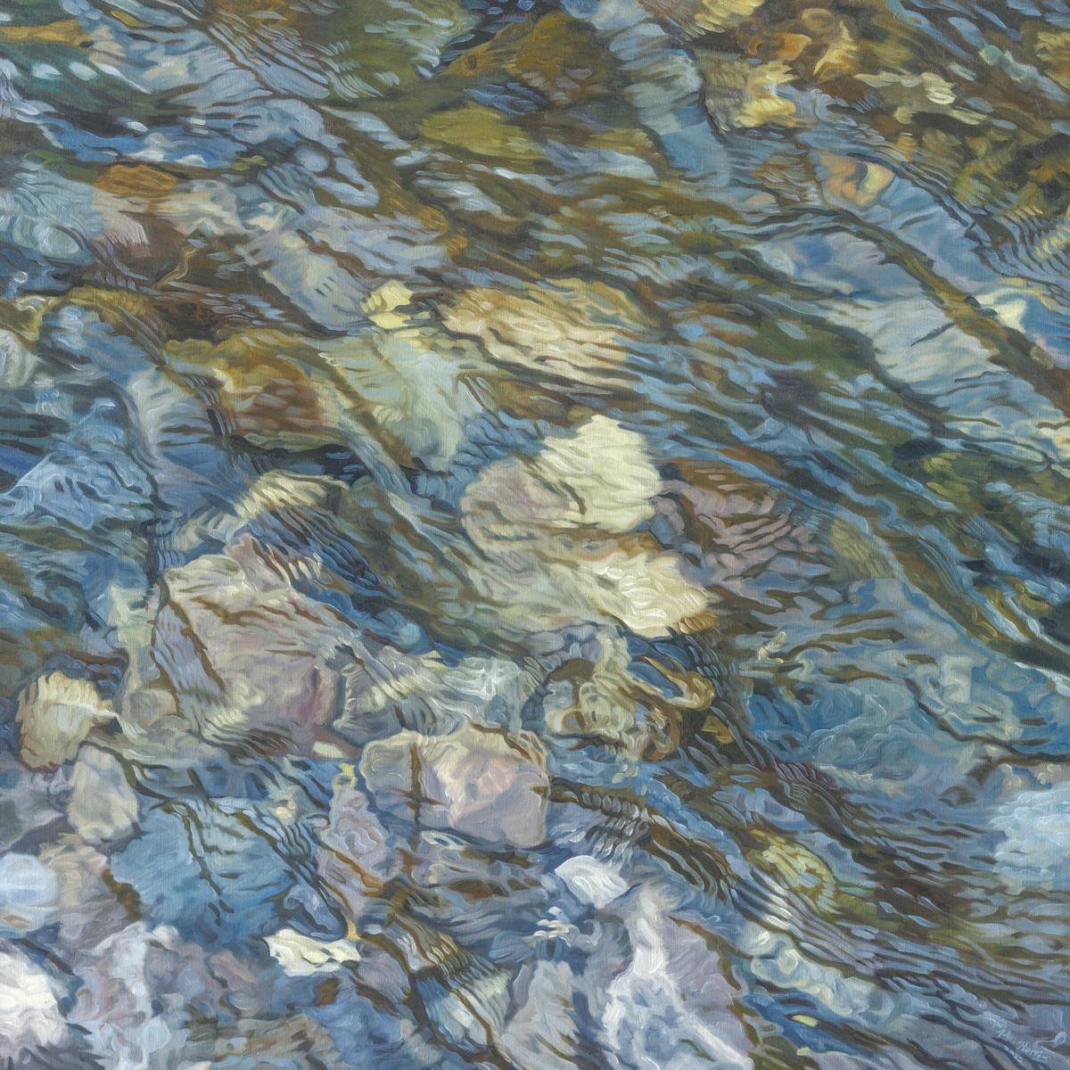 This realistic limited edition print by John Harris captures a close up view of water rippling over rocks in a riverbed. Natural light reflects off the surface of the water, enhancing the movement within the piece.

This Limited Edition giclee print