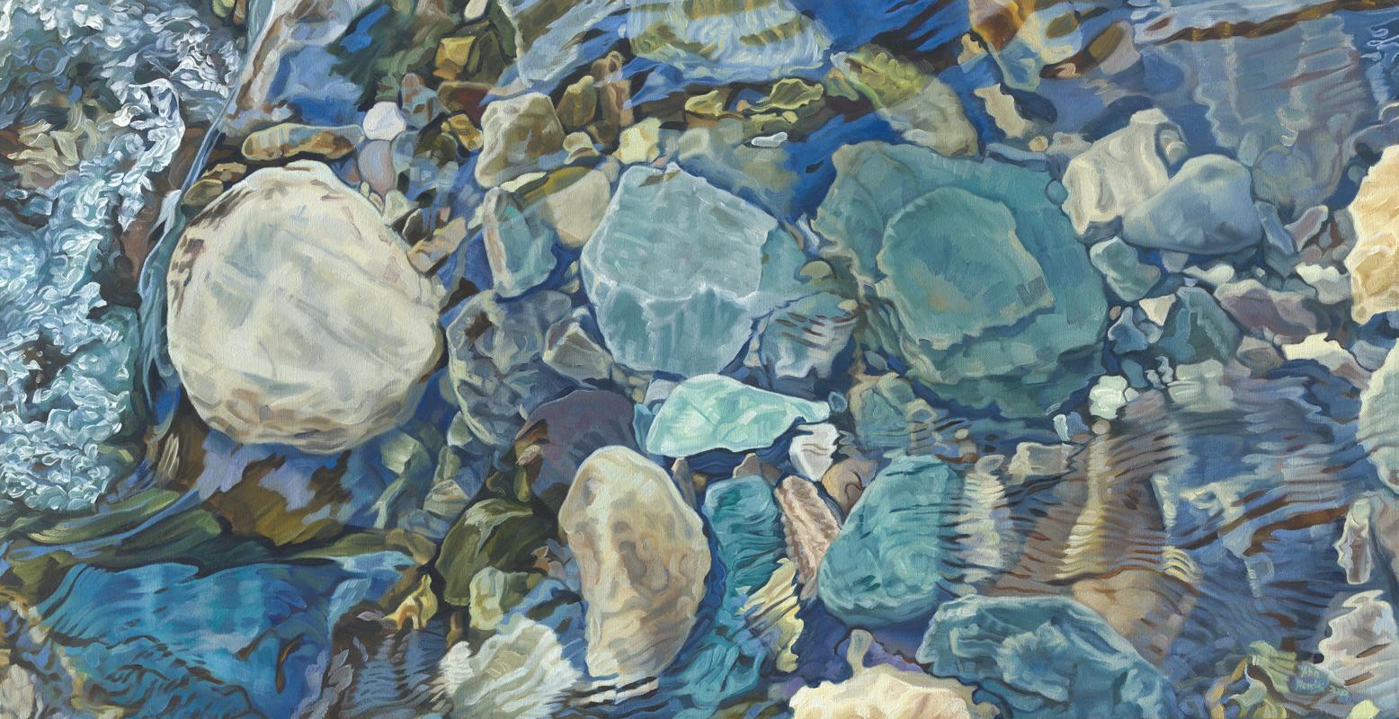 This limited edition print by John Harris captures a close up view of river rocks beneath lightly-rippling water in a horizontal format. It features a cool blue and earth-toned palette, with natural light reflecting lightly off the moving water.