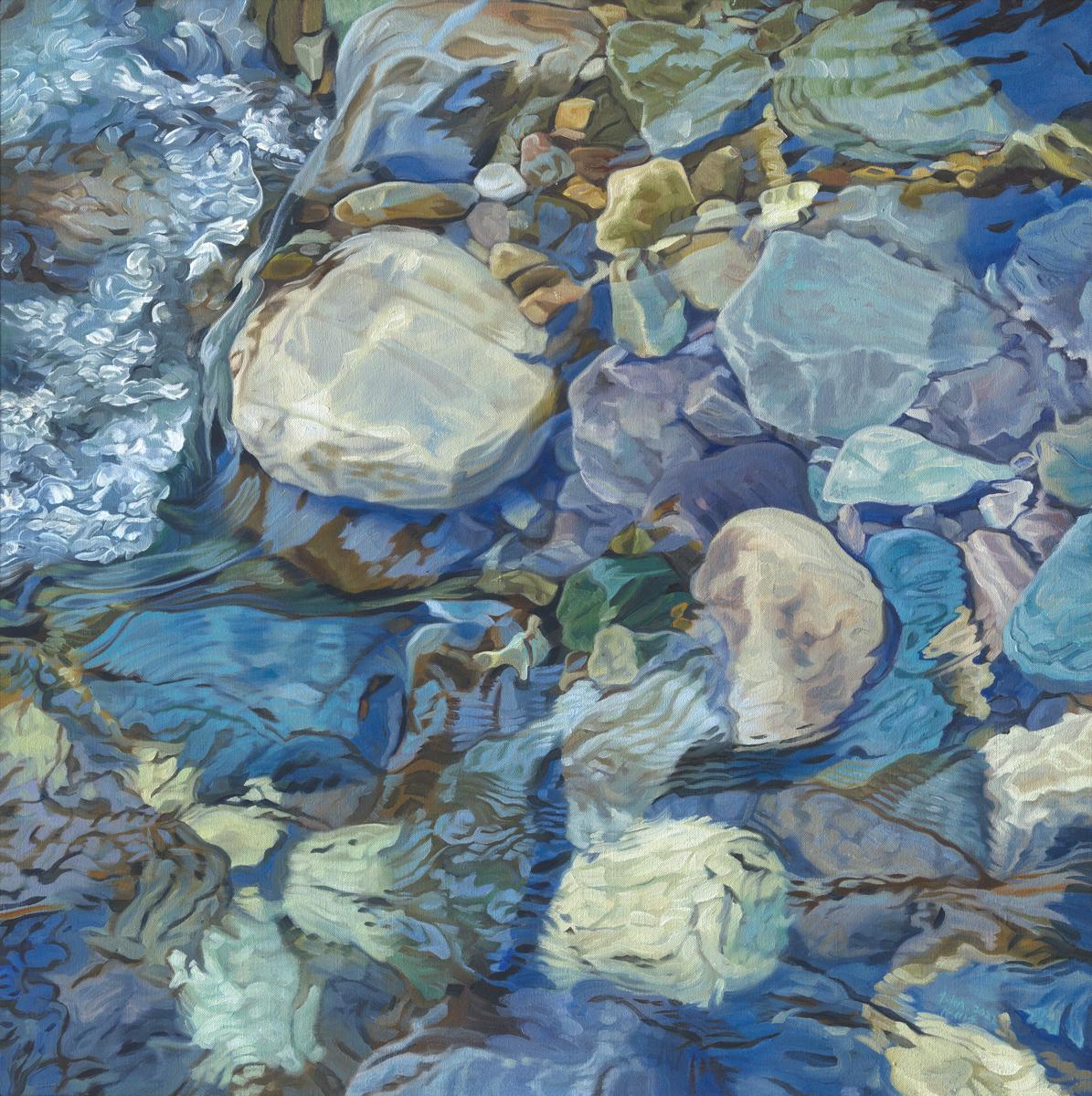 This realistic limited edition print by John Harris captures a highly detailed, cropped view of water lightly rippling over river rocks in a cool blue palette. 

This Limited Edition giclee print is an edition size of 100. Printed on canvas, this