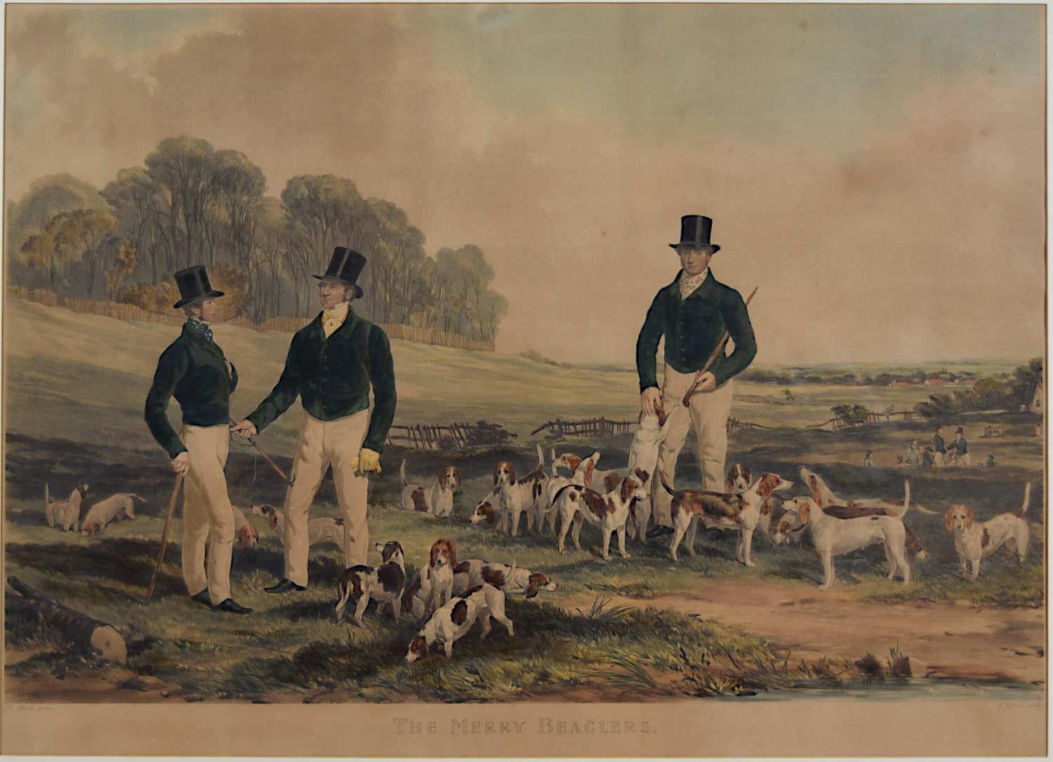 John Harris the Younger Landscape Print - The Merry Beaglers engraving by John Harris after Harry Hall's 1845 painting