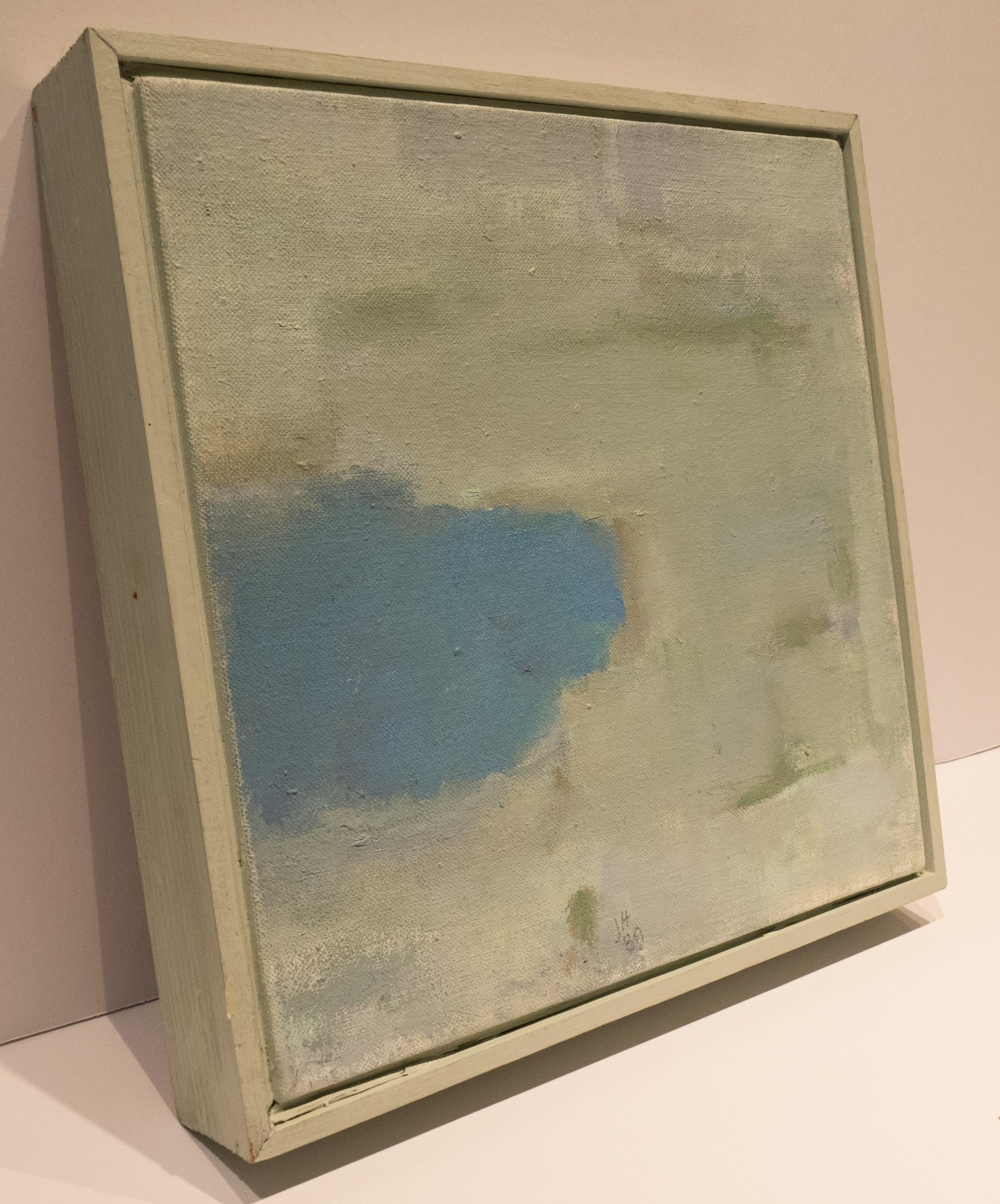 Oil on canvas in original painted frame, in a style that might be described as abstract impressionist, by artist and educator John Hartell (1902-1995). Dated 1989 and with a partial label from Kraushaar Gallery in New York City, where he exhibited