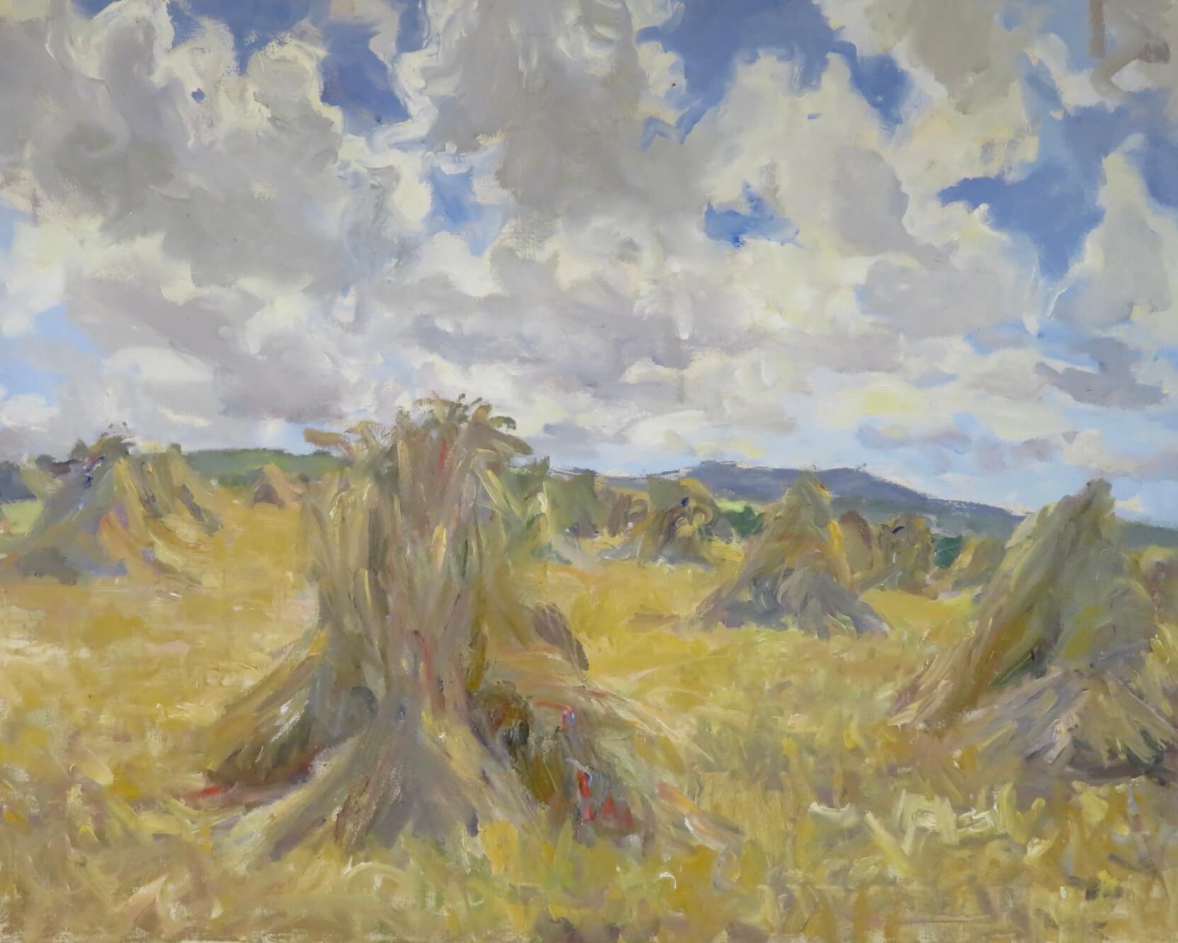(b.1935) St Ives Original post-impressionist oil painting CORNSTOOKS ZENNOR - Painting by JOHN HARVEY