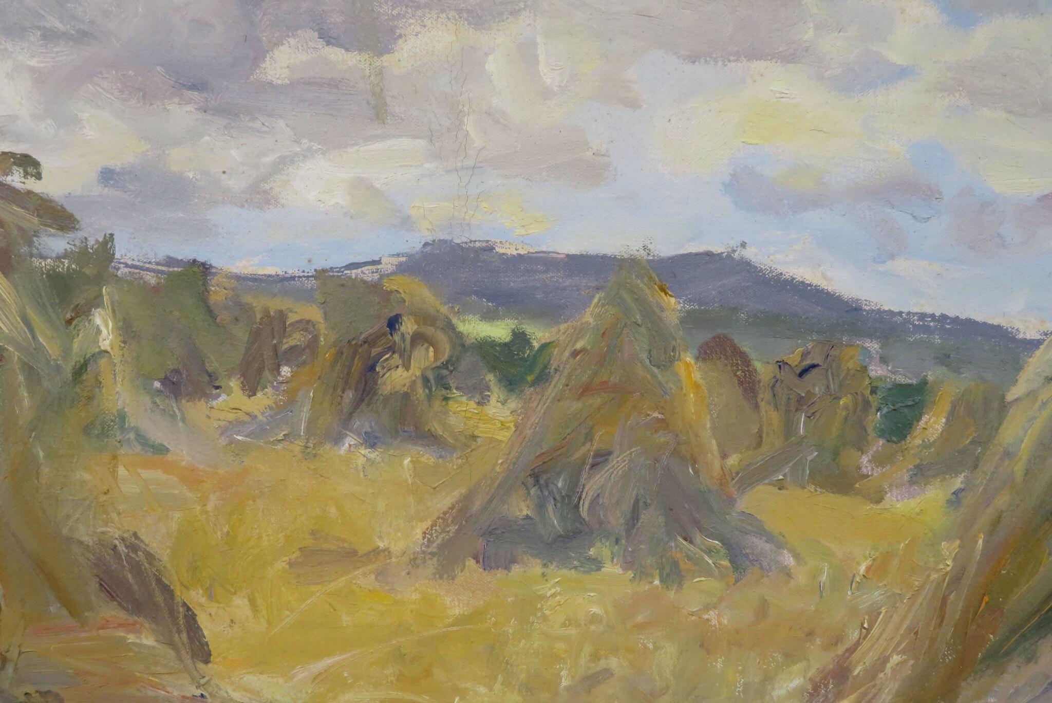 (b.1935) St Ives Original post-impressionist oil painting CORNSTOOKS ZENNOR For Sale 1