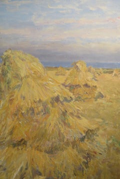 Original Cornish St Ives interest English oil painting CORNSTOOKS HARVEST FIELDS