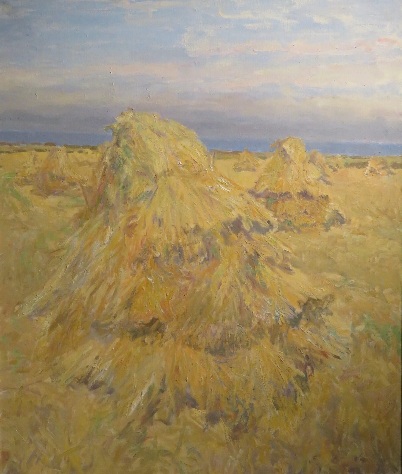 Original Cornish St. Ives Interesse Englisches Ölgemälde CORNSTOOKS HARVEST FIELDS (Post-Impressionismus), Painting, von  John Harvey 