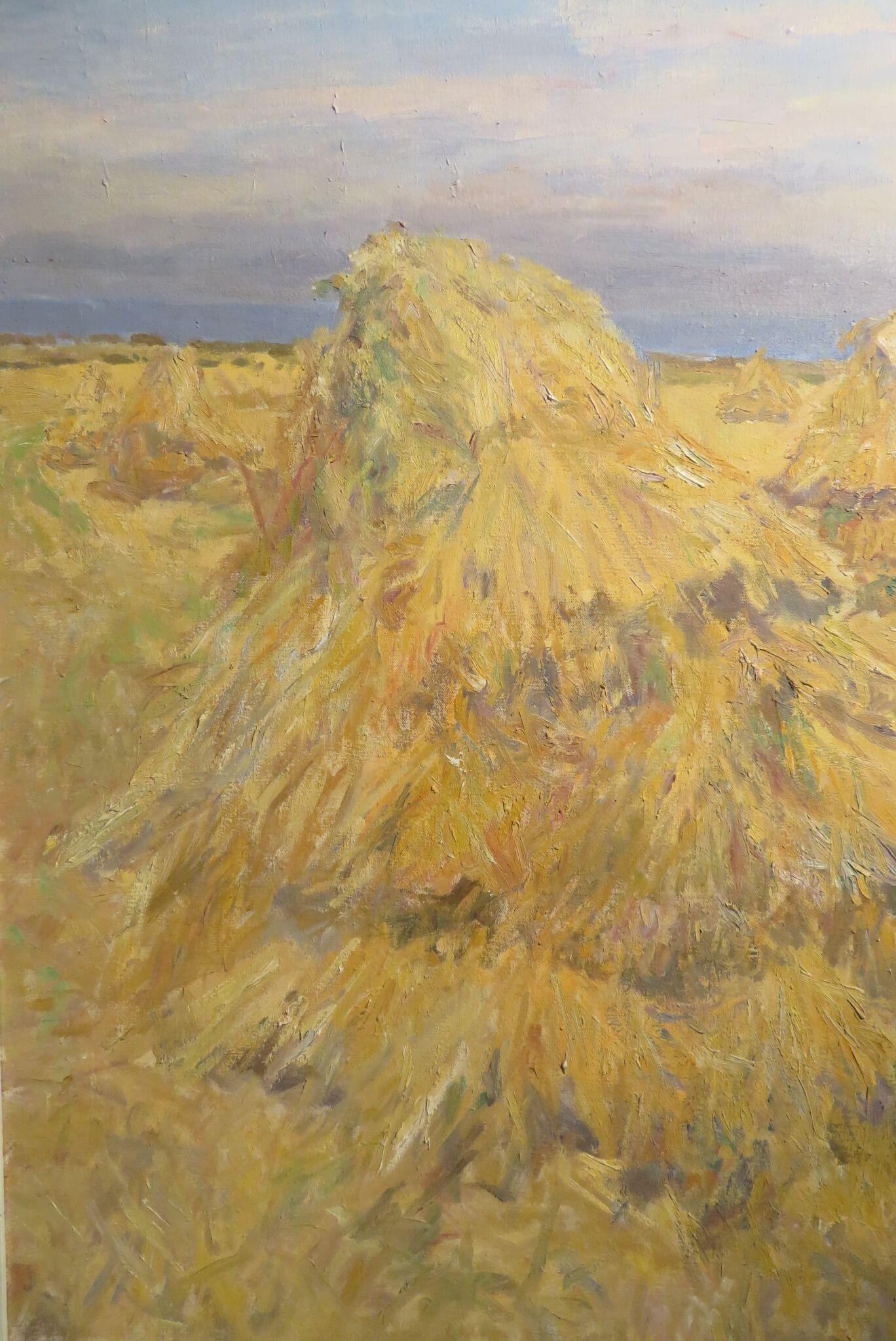 Original Cornish St. Ives Interesse Englisches Ölgemälde CORNSTOOKS HARVEST FIELDS (Braun), Landscape Painting, von  John Harvey 