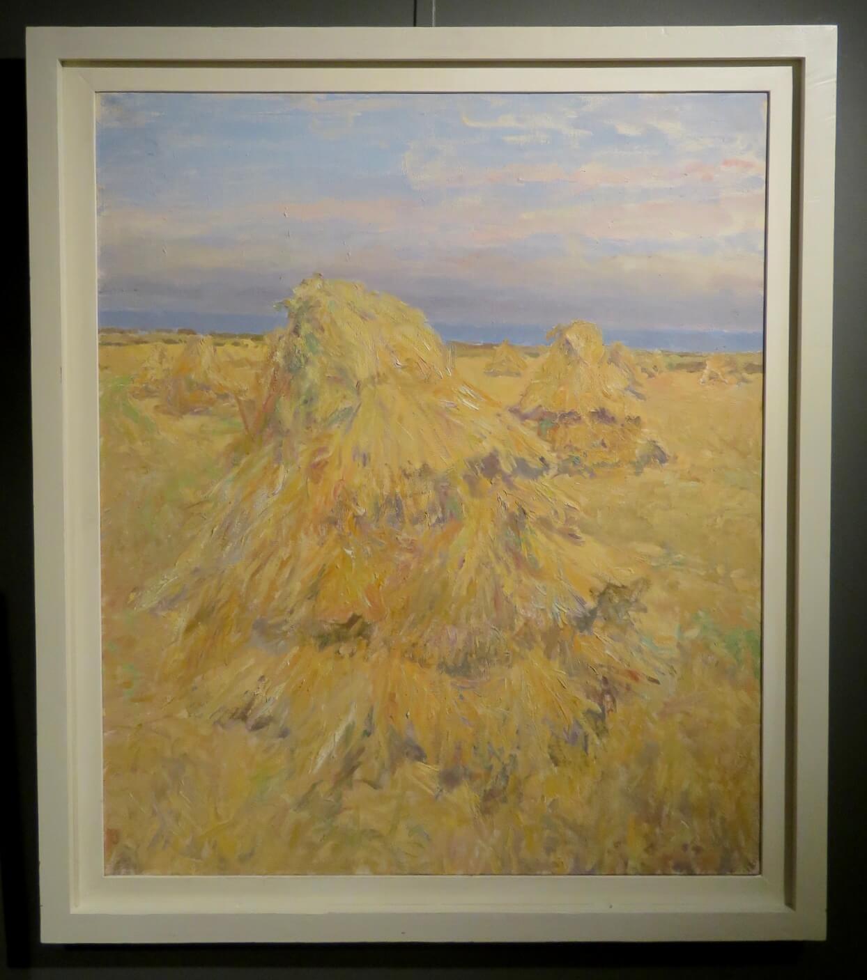  John Harvey  Landscape Painting – Original Cornish St. Ives Interesse Englisches Ölgemälde CORNSTOOKS HARVEST FIELDS