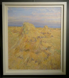 Pittura a olio originale della Cornovaglia St Ives interesse inglese CORNSTOOKS HARVEST FIELDS