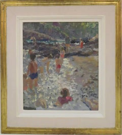 ORIGINAL ST IVES SCHOOL oil painting Swimmers At Prussia Cove Cornwall