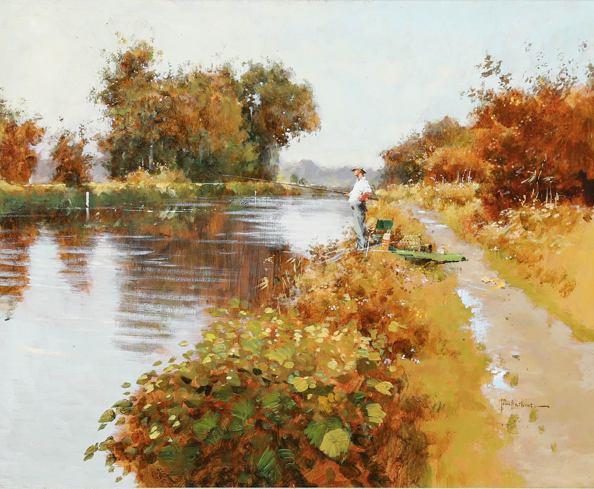 John Haskins (geb. 1938) - Acryl, Flussfischenfang, 20. Jahrhundert im Angebot 1