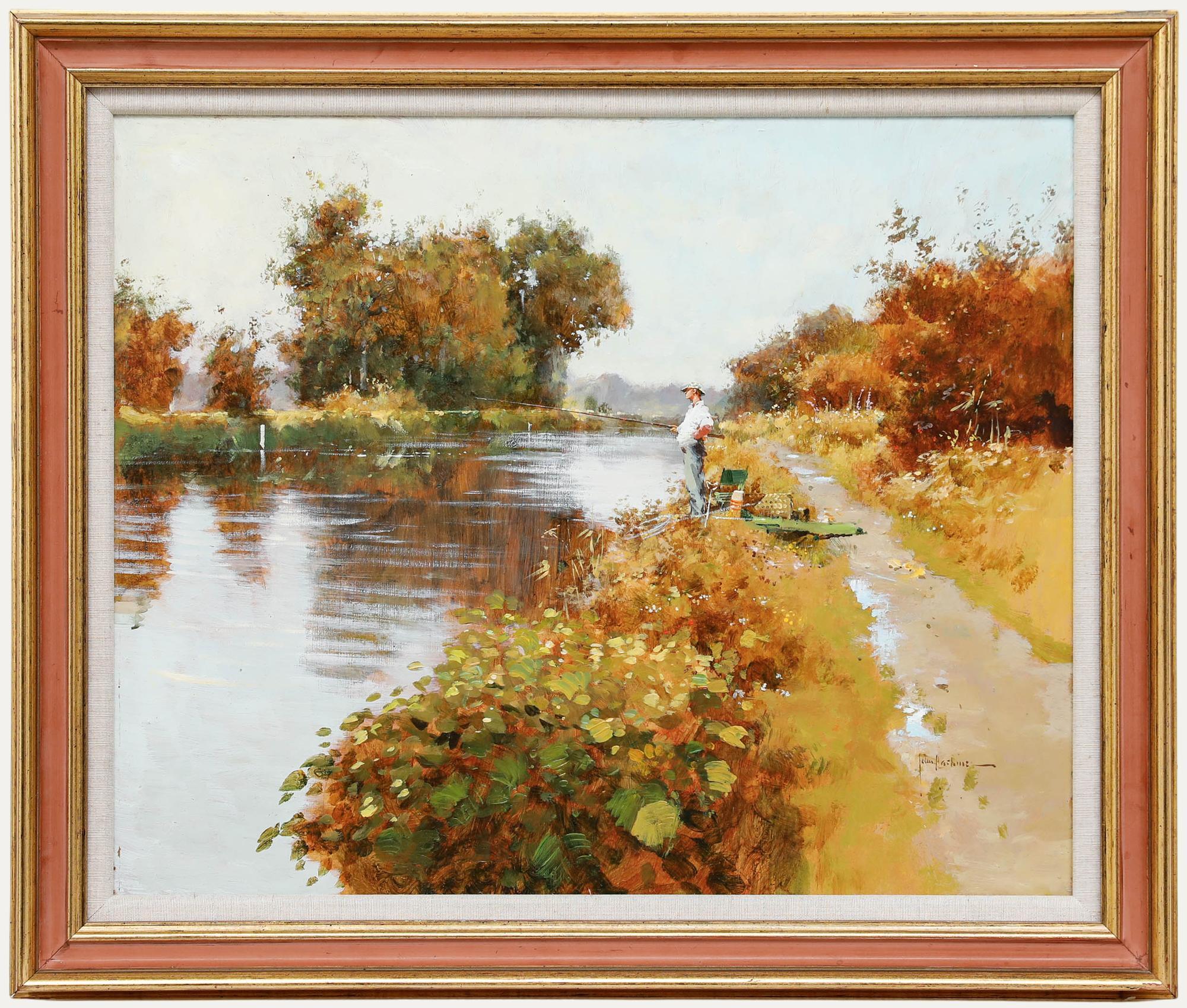 John Haskins (geb. 1938) - Acryl, Flussfischenfang, 20. Jahrhundert
