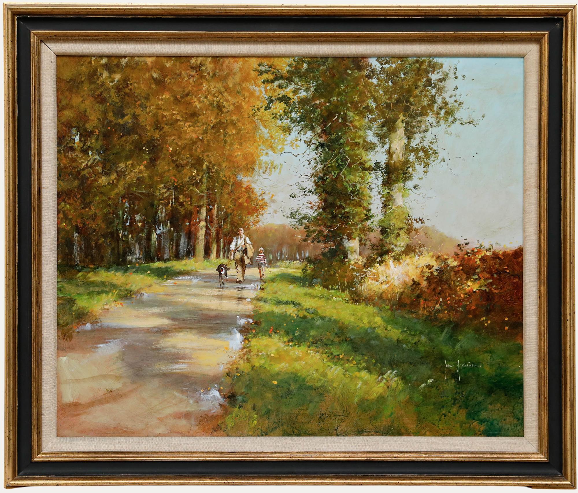 An original oil painting by the British artist John Haskins (b.1938). Entitled 'Summer Rain, Hertfordshire'. The scene depicts a father and son walking a dog on a woodland trail. Signed to the lower right. Presented in a modern gilt effect frame