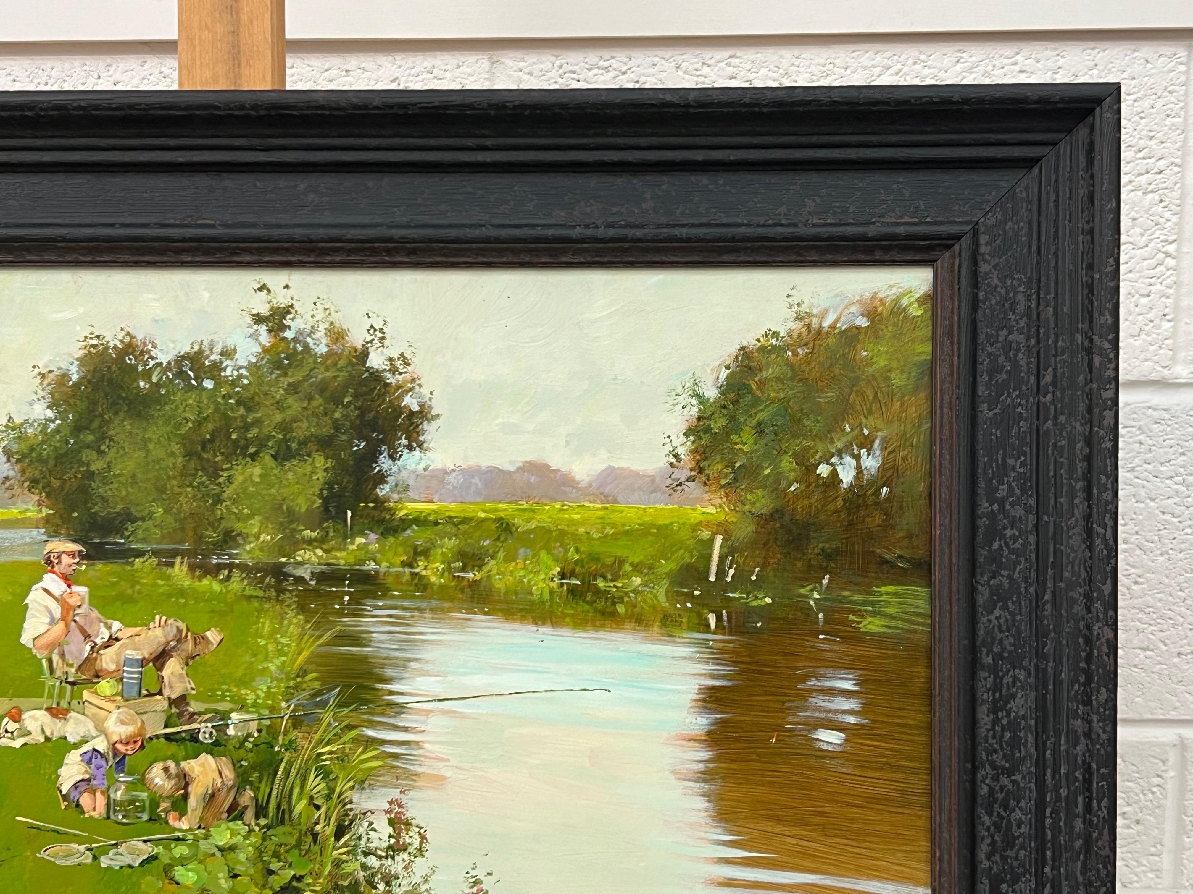 Man Fishing with Children Playing at a River Side in the English Countryside For Sale 8