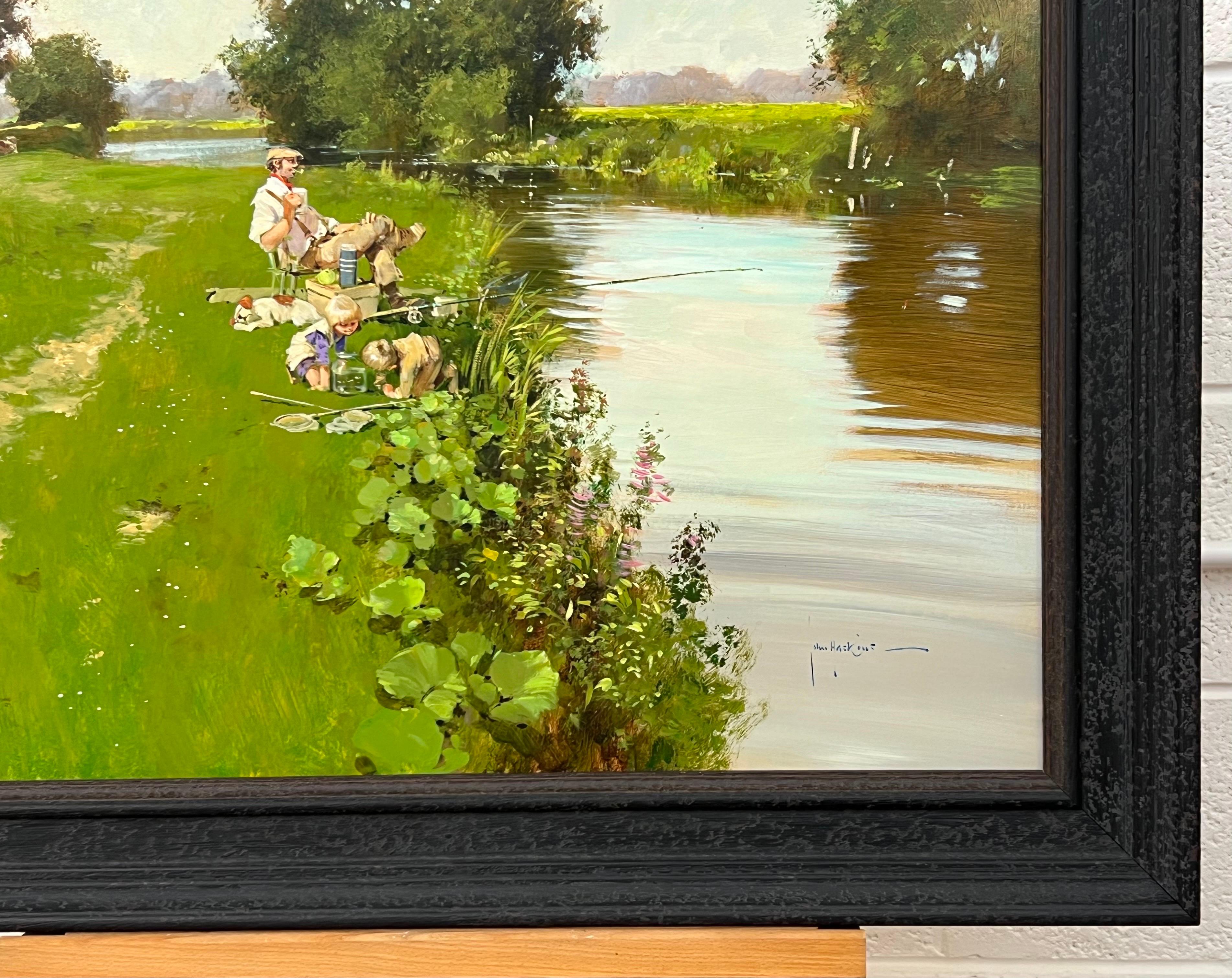Man Fishing with Children Playing at a River Side in the English Countryside For Sale 9