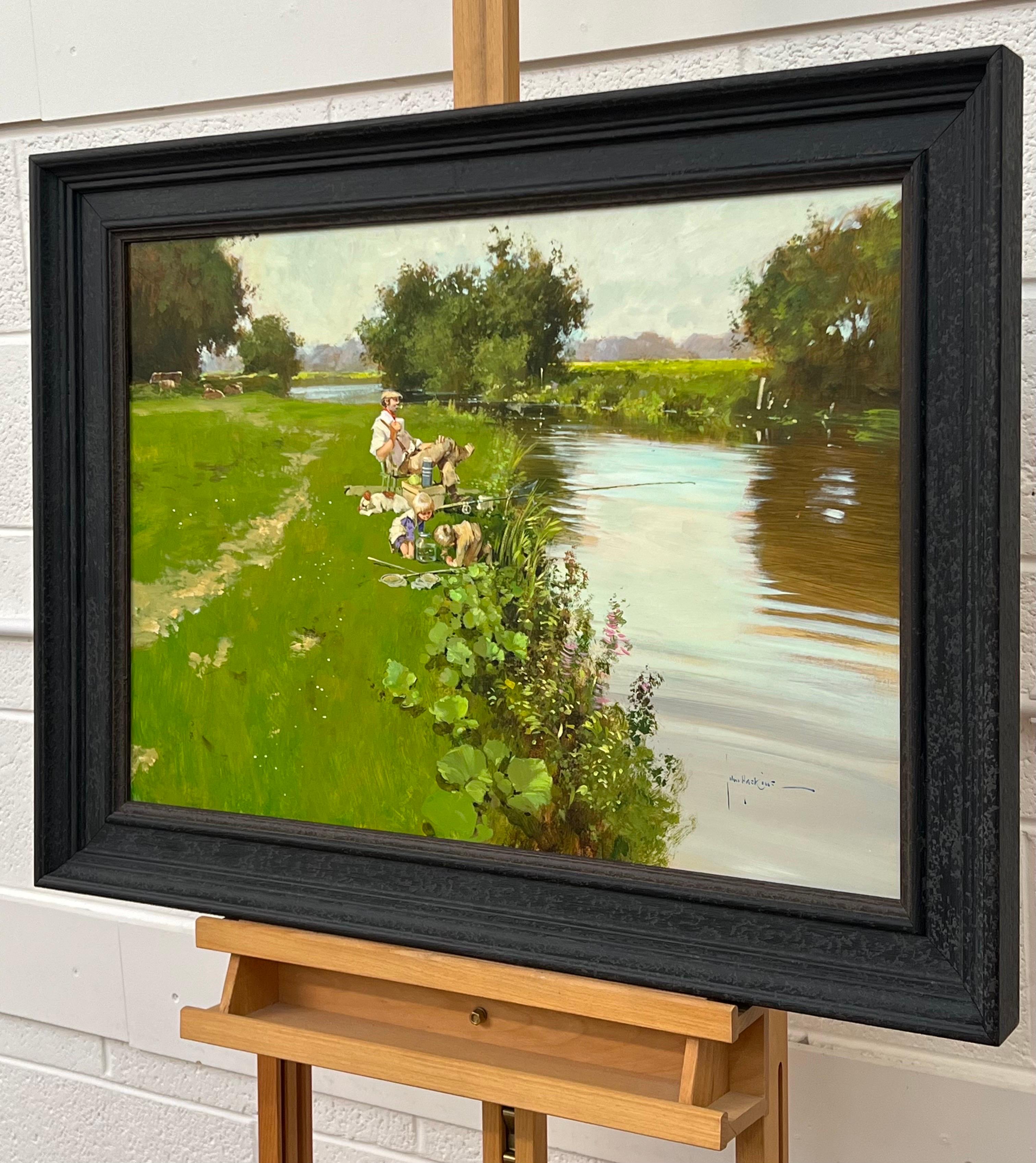 Man Fishing with Children Playing at a River Side in the English Countryside by 20th Century British Artist 

Art measures 28 x 20 inches 
Frame measures 33 x 25 inches 
Reframed in the highest quality black wooden moulding 

John Haskins is a