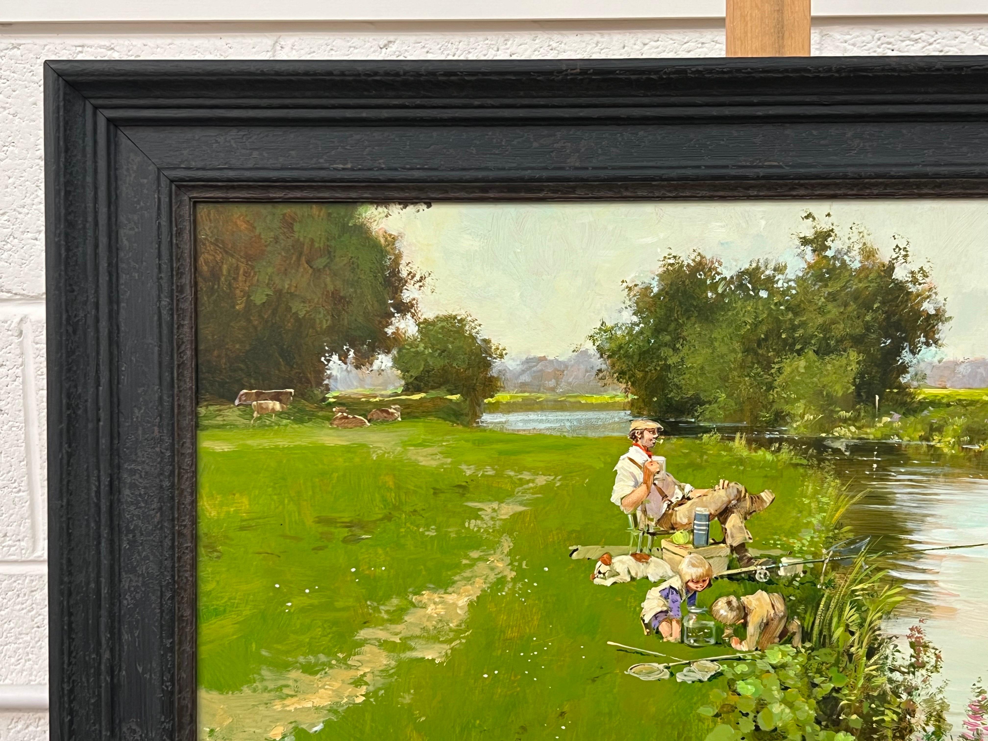 Man Fishing with Children Playing at a River Side in the English Countryside For Sale 1