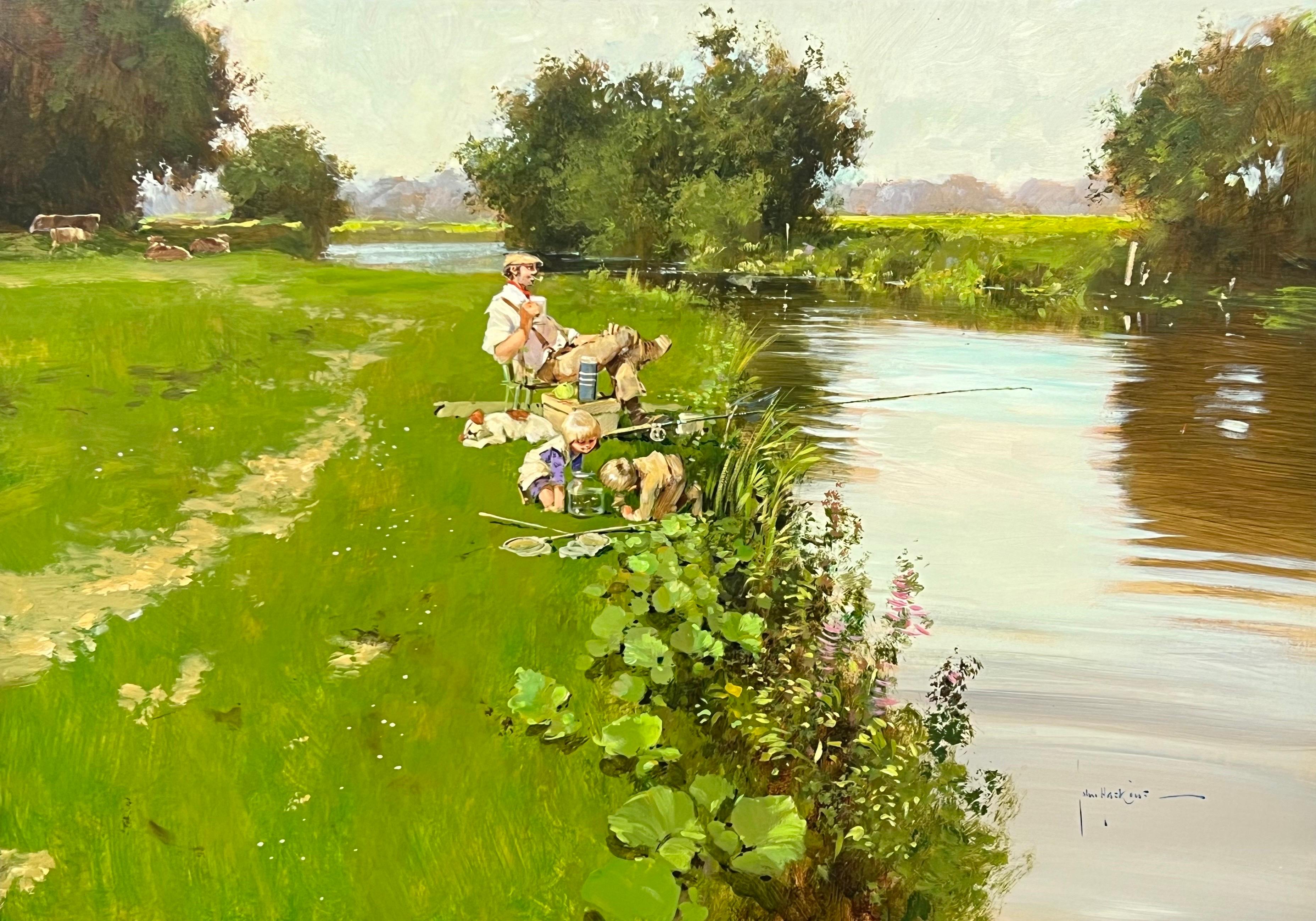 Man Fishing with Children Playing at a River Side in the English Countryside For Sale 5