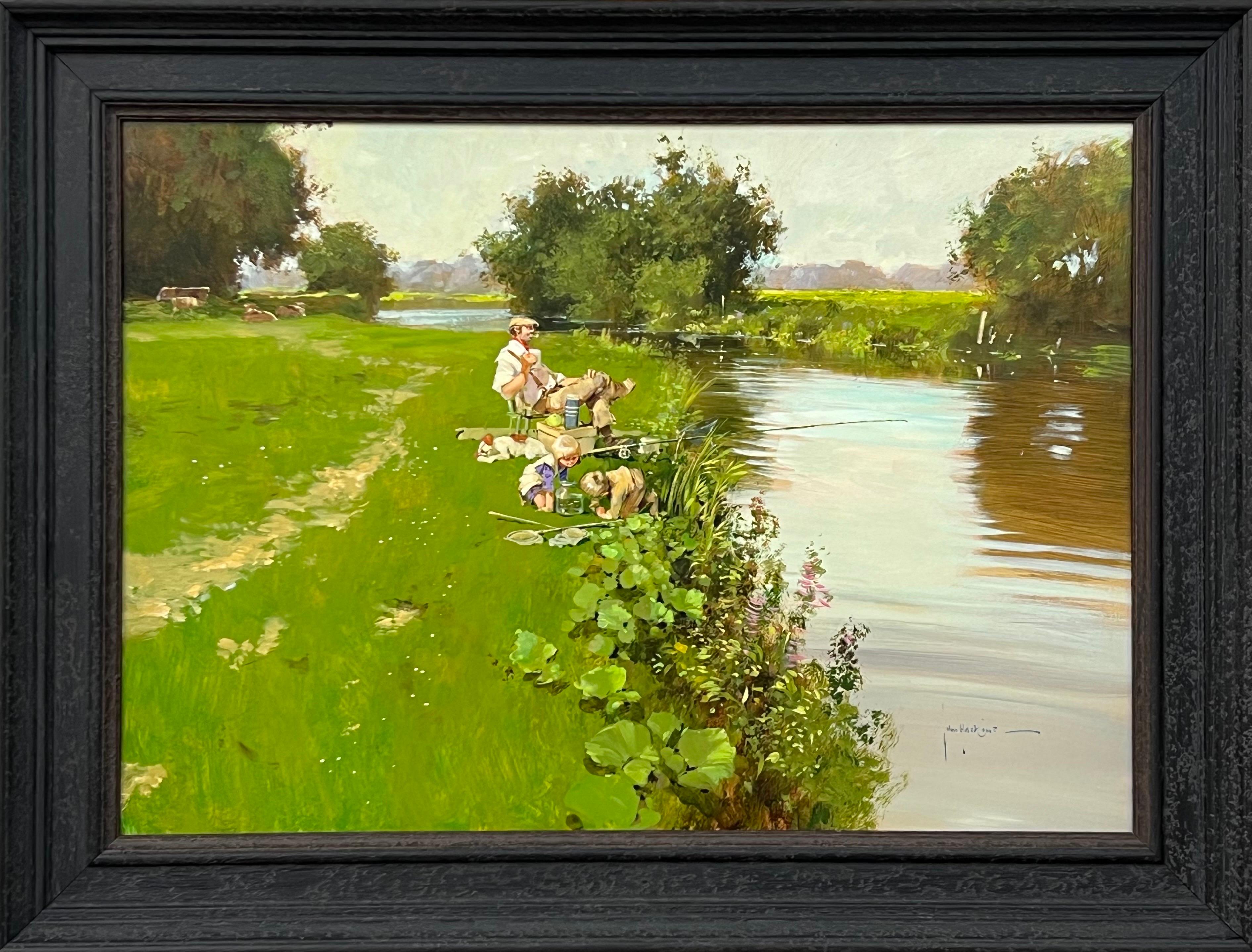 John Haskins Figurative Painting - Man Fishing with Children Playing at a River Side in the English Countryside