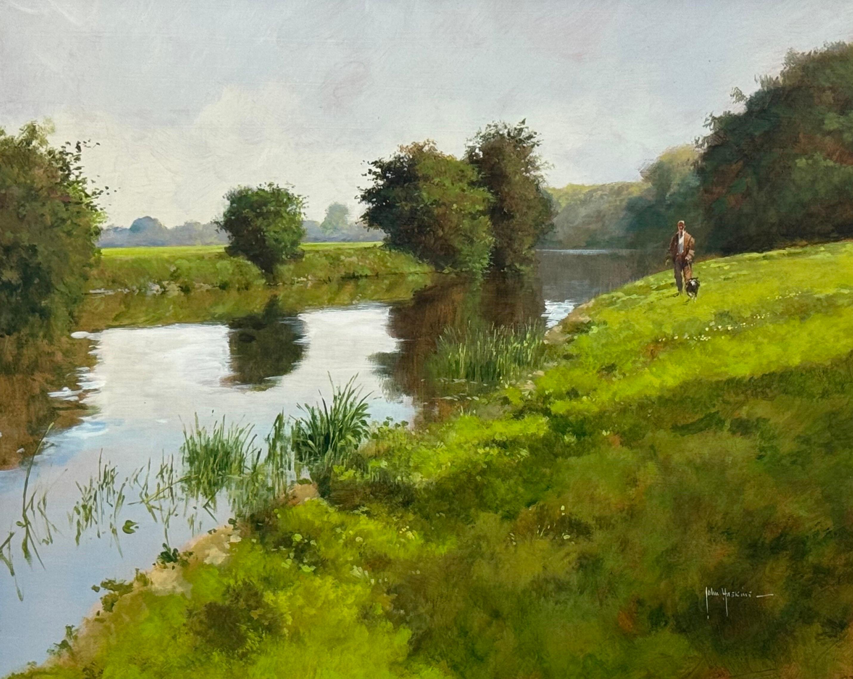 Hombre paseando al perro junto a un río en la exuberante campiña inglesa - Painting de John Haskins