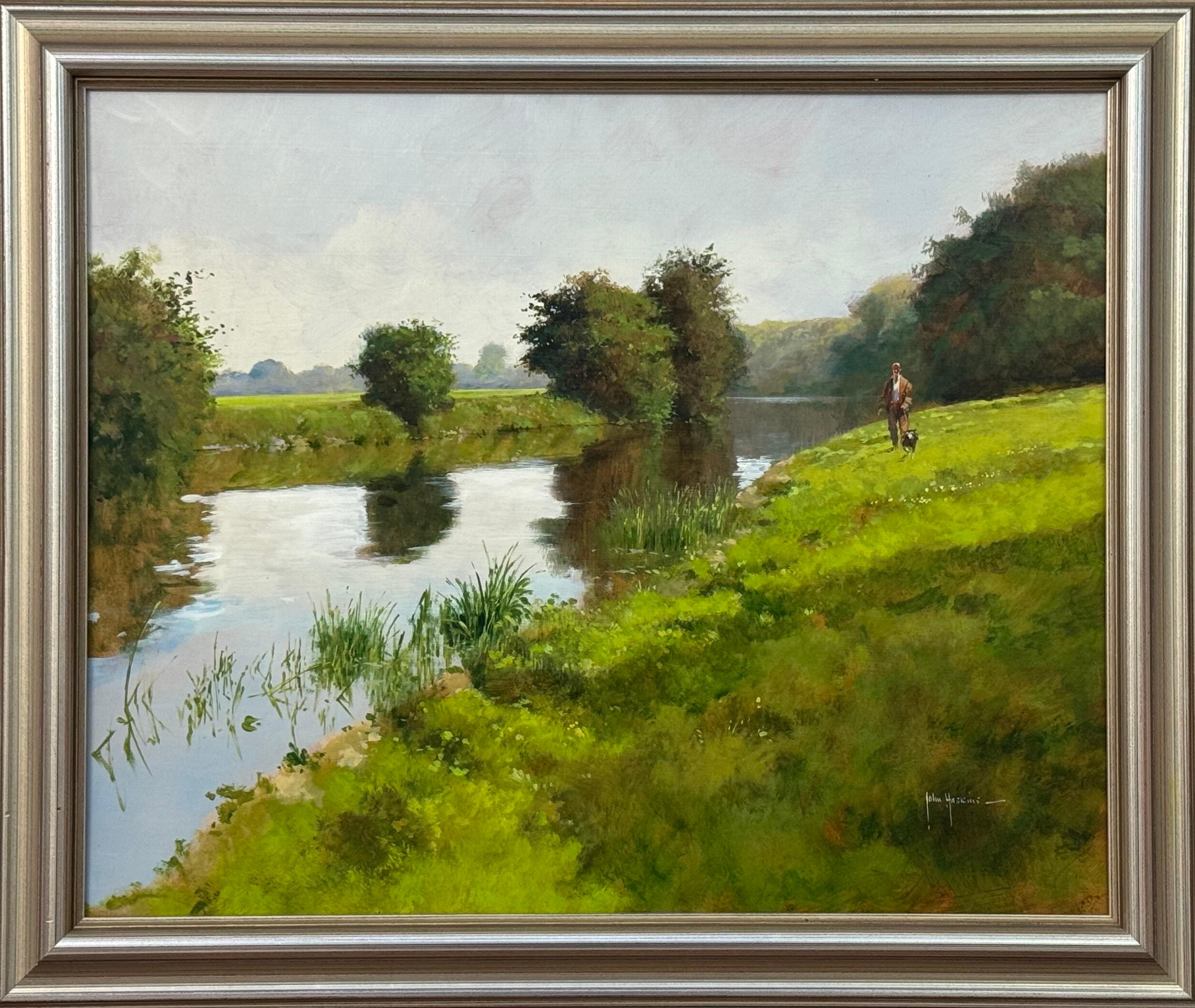 Landscape Painting de John Haskins - Hombre paseando al perro junto a un río en la exuberante campiña inglesa