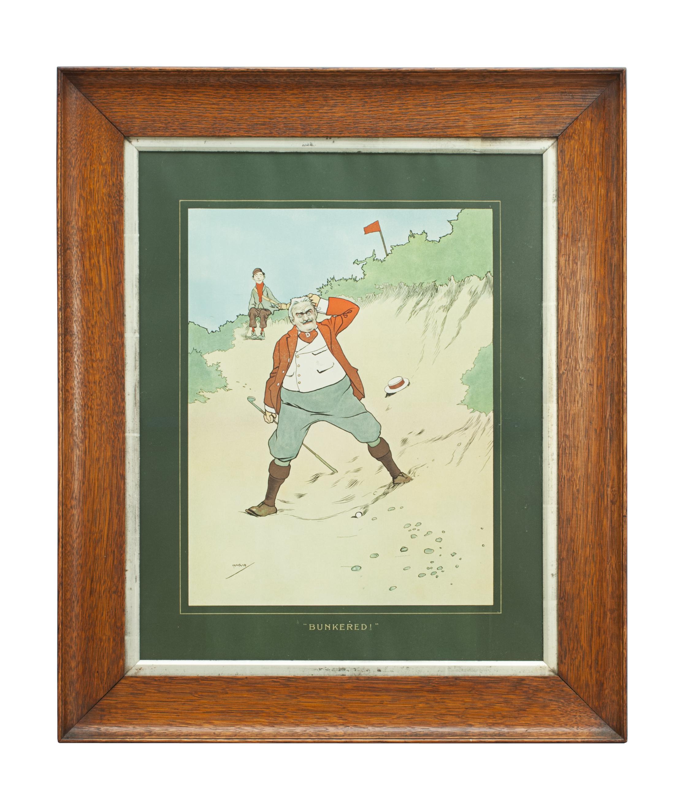 Pair of John Hassall golfing prints.
A very nice pair of golfing chromolithographs after J. Hassall entitled 'FORE!' and 'BUNKERED!'. The colorful golf prints are in the original oak frames. FORE! depicts a golfer in the sand with his young caddie,