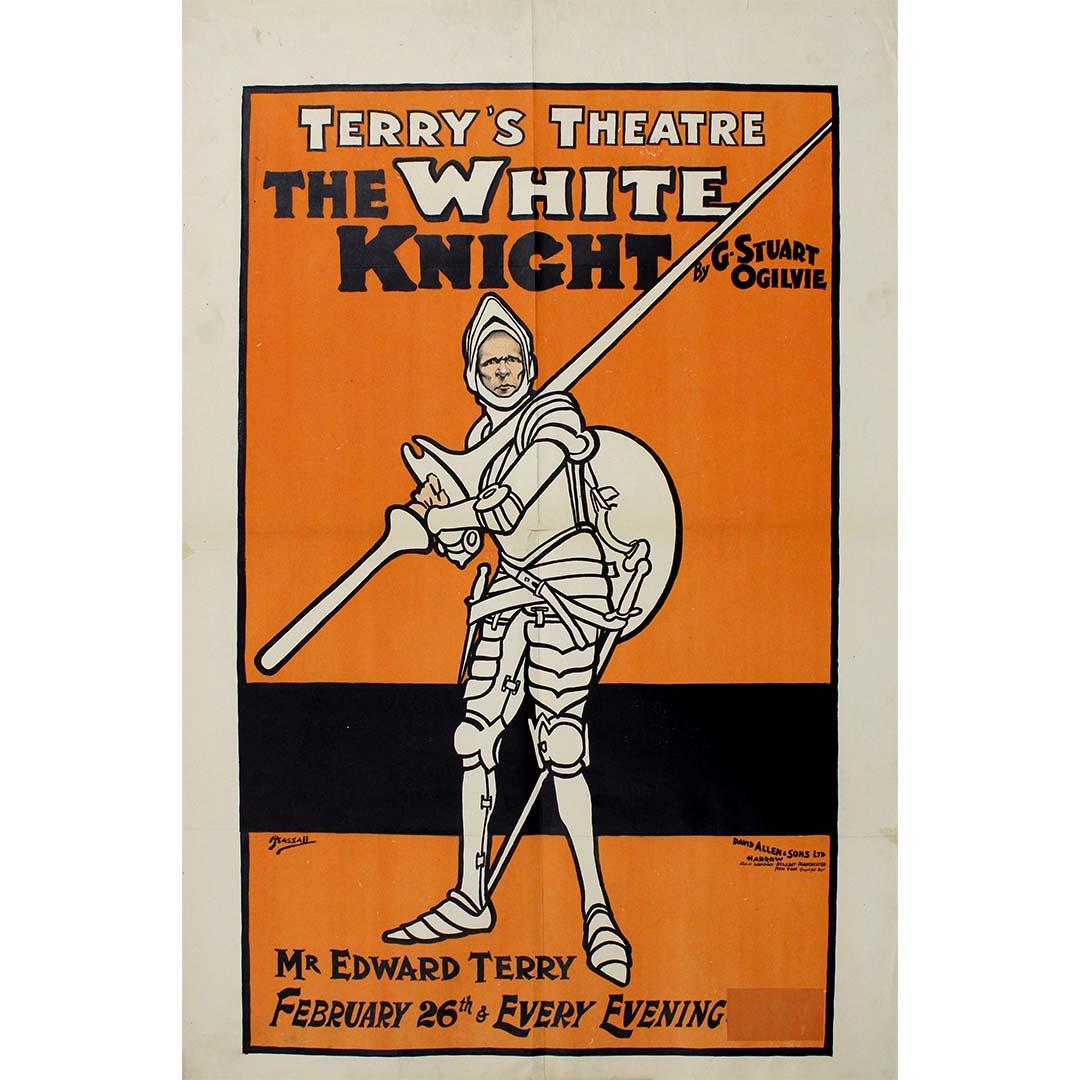This bold circa 1895 poster by John Hassall for Terry’s Theatre – The White Knight is a striking example of early modern poster design in Britain, where clarity, humor, and strong visual impact take precedence over elaborate decoration.

At the