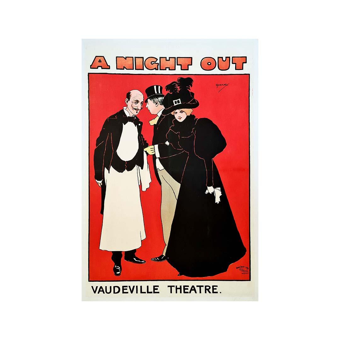 Belle affiche du début du siècle pour le théâtre Vaudeville, intitulée A night out et imprimée par David Allen & sons à Londres.
John Hassall ( 1868 - 1948 ) était un illustrateur anglais, connu pour ses publicités et ses affiches.
